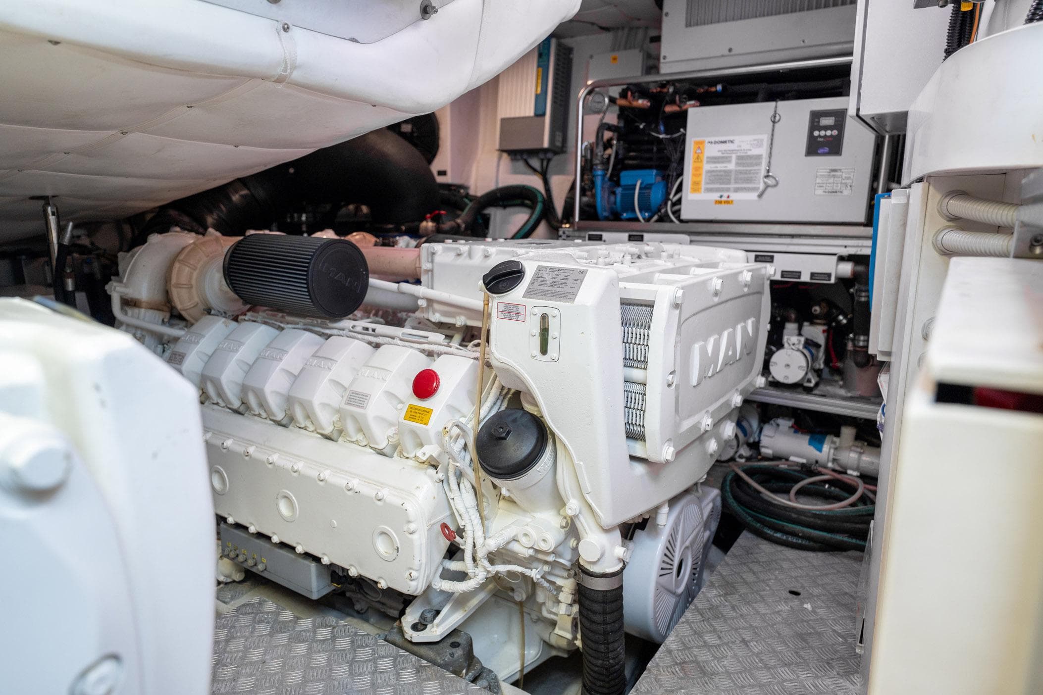Engine room of a 2020 Pershing 62 yacht.
