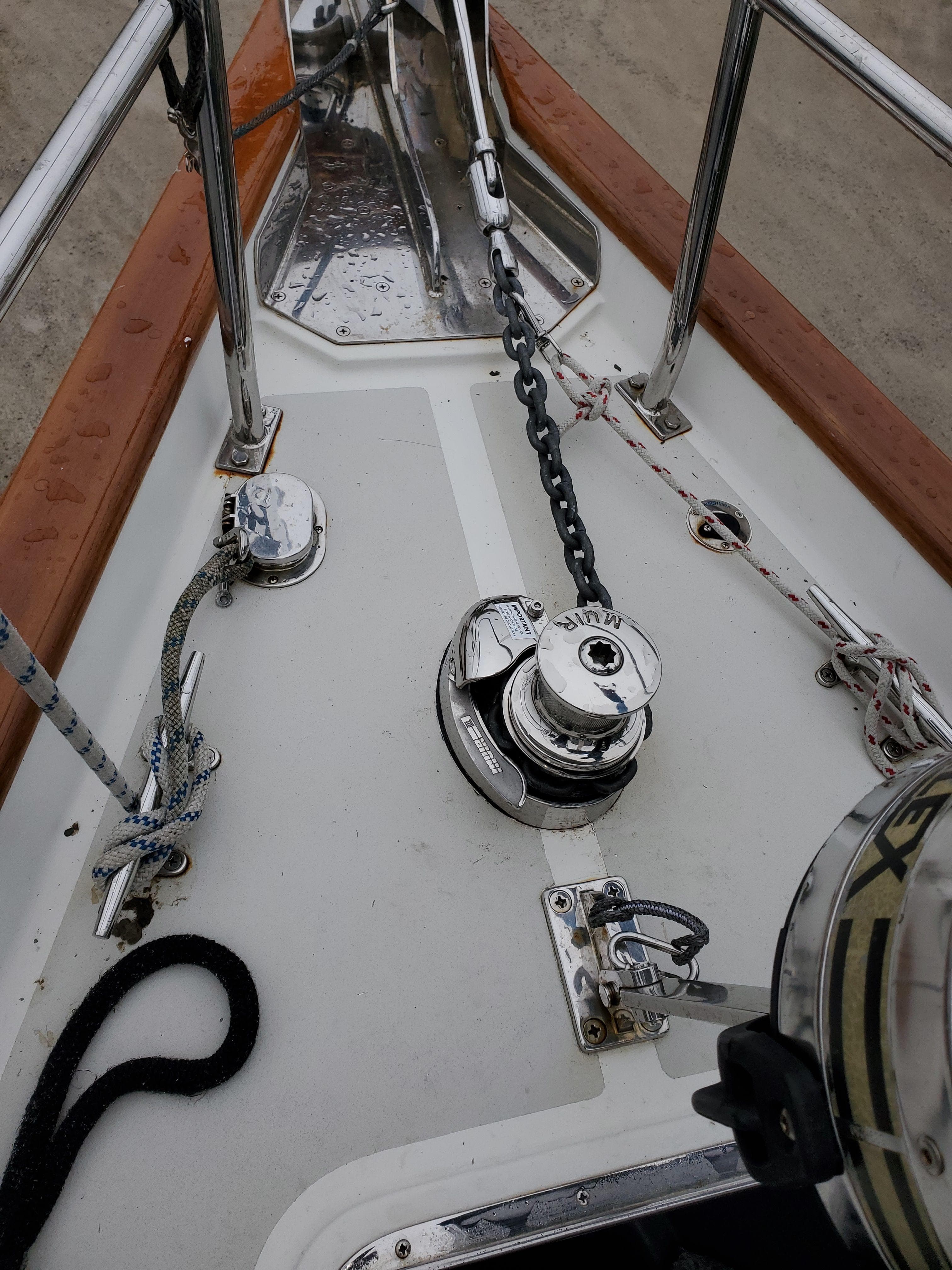 Deck of a 2011 Passport 470 Center Cockpit with anchor windlass.