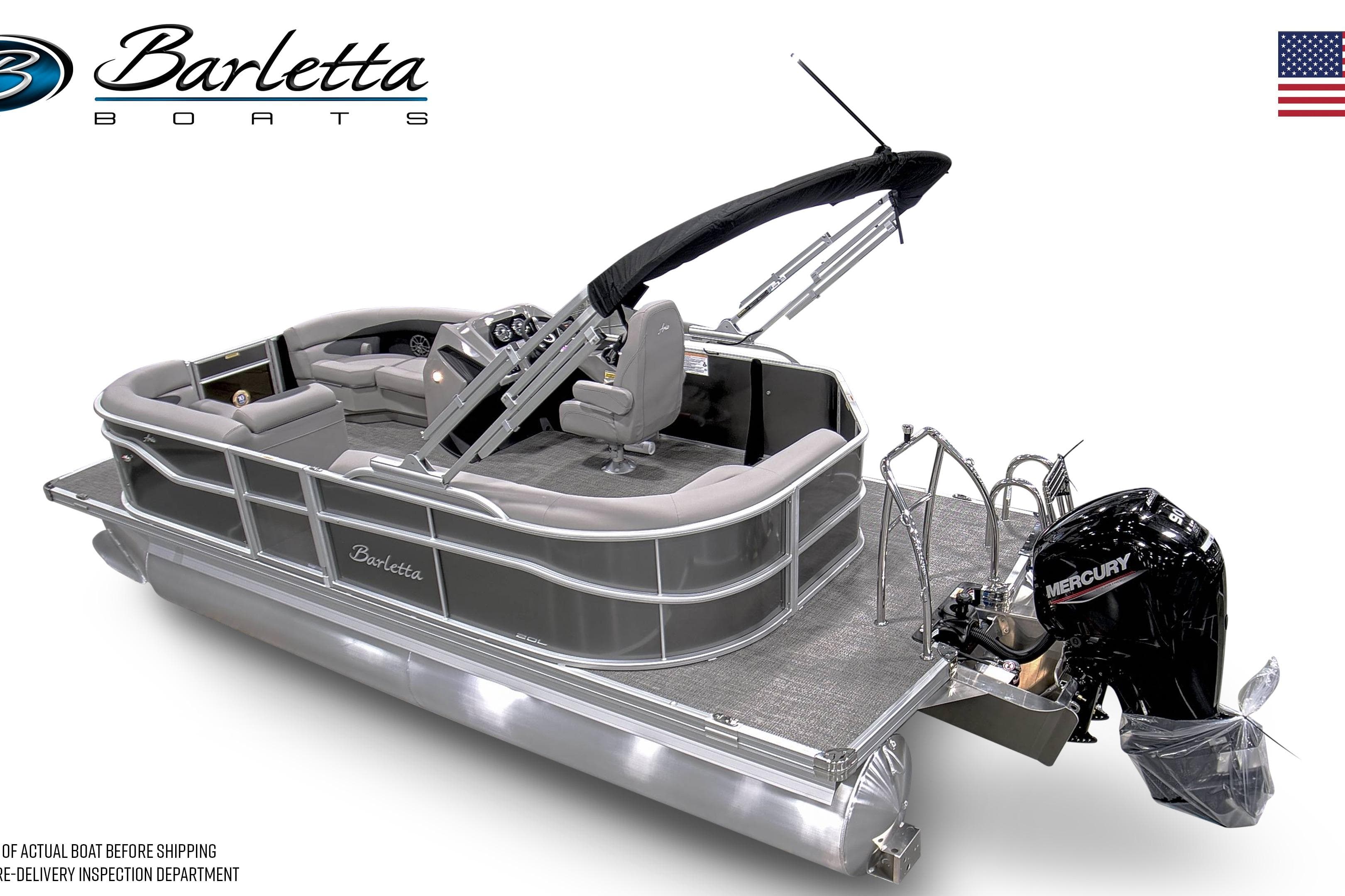2026 Barletta A20L pontoon boat with Mercury engine, sleek design, and comfortable seating.