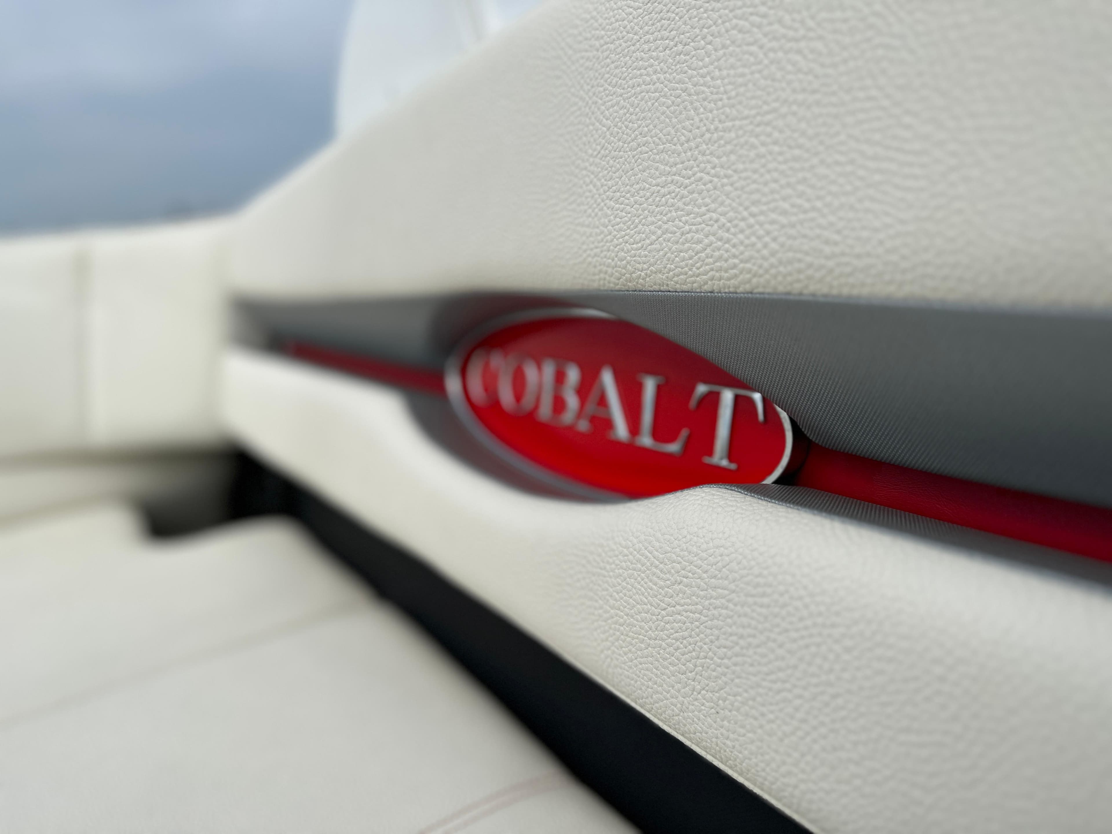 2021 Cobalt CS23 interior detail with logo on white upholstery.