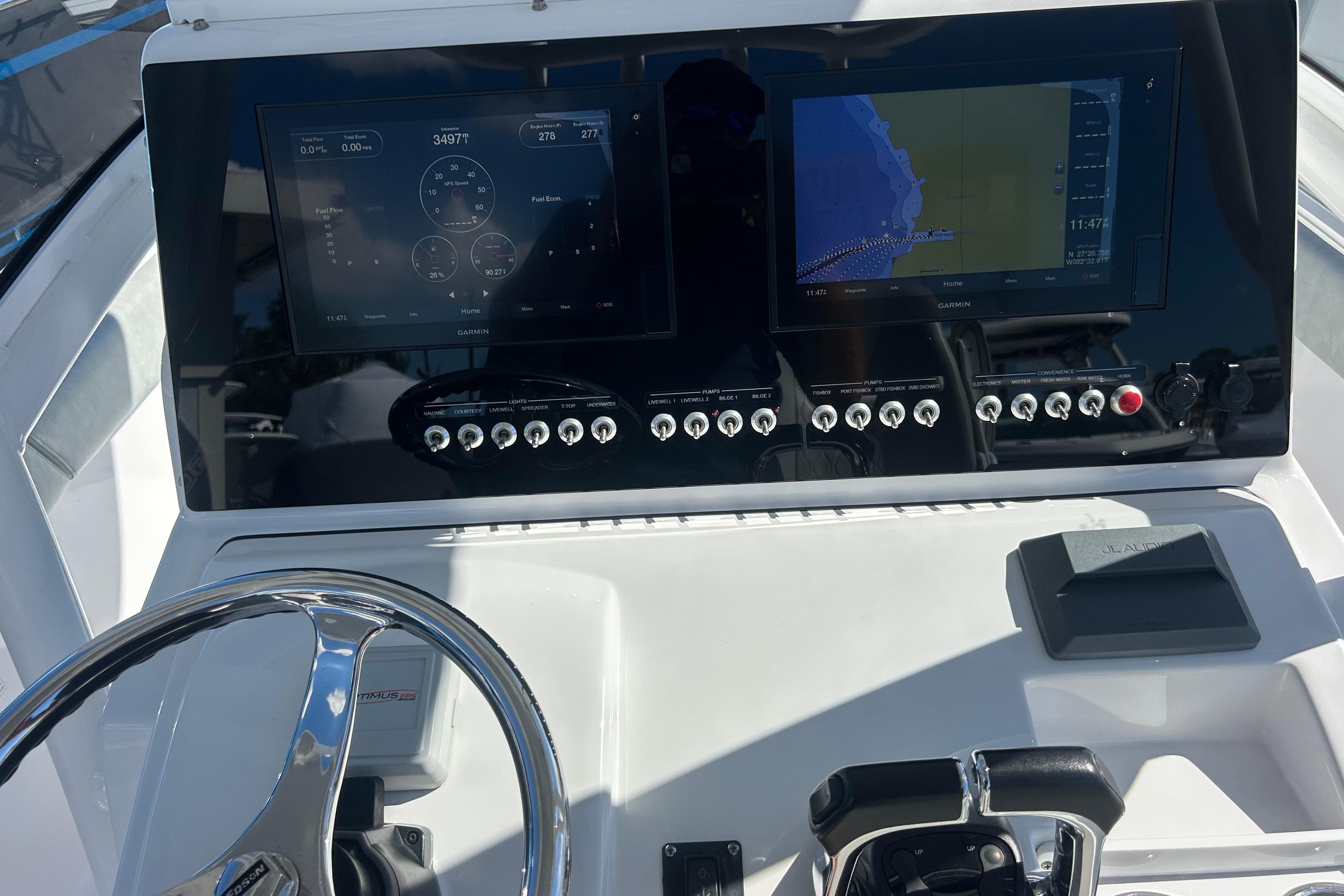 2019 Sportsman Open 282 Center Console dashboard with dual Garmin displays and controls.