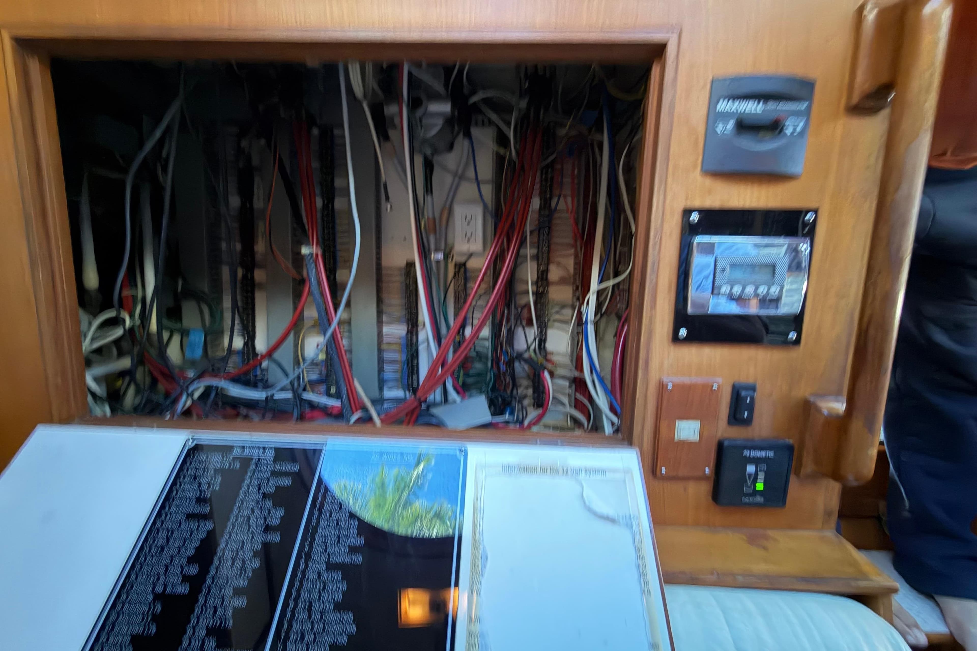 Electrical panel of 1987 Hi-Star 55 Yacht Fisherman with wiring and control systems.