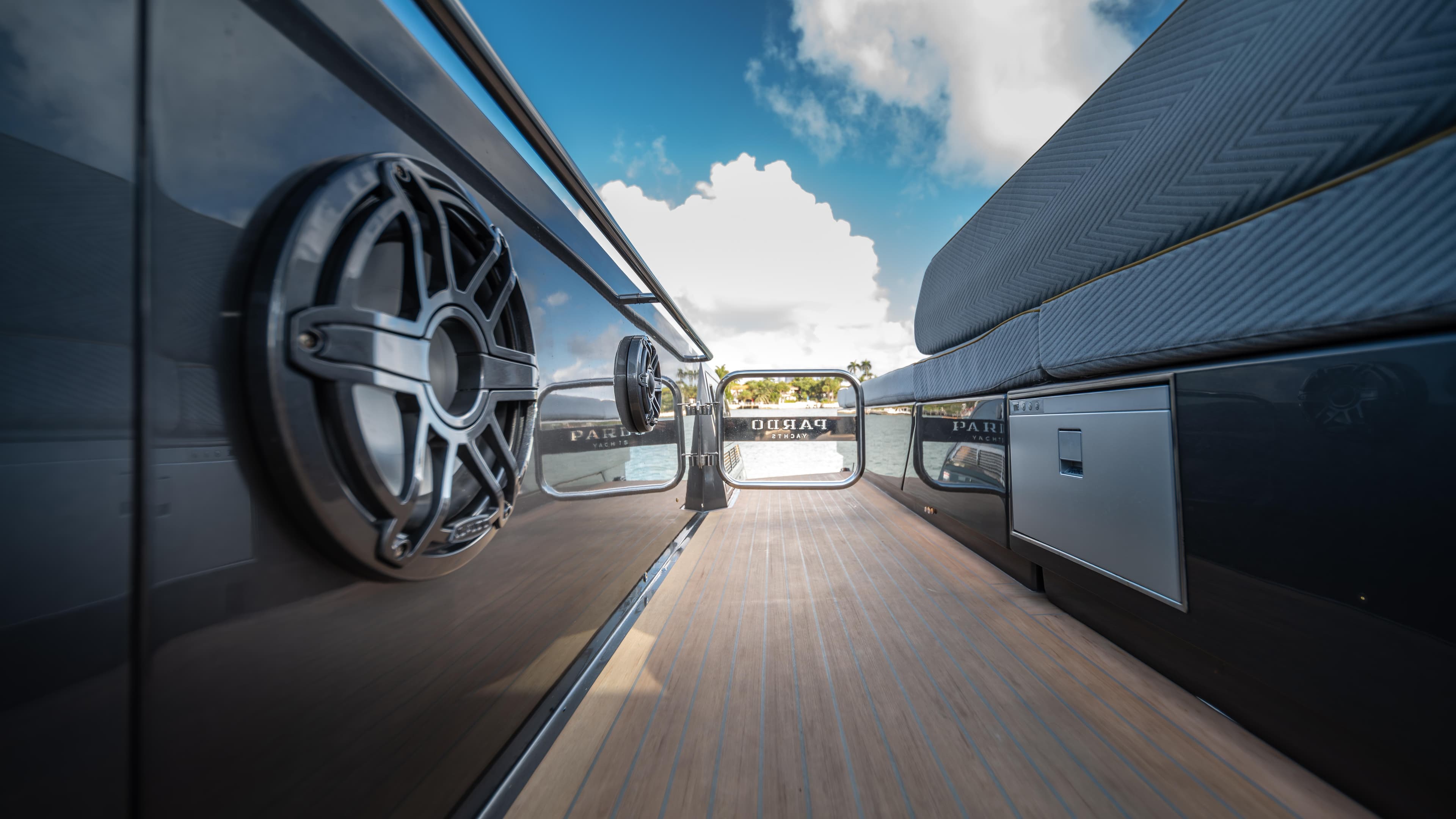 2023 Pardo Yachts P50 deck with sleek design and modern features under a blue sky.
