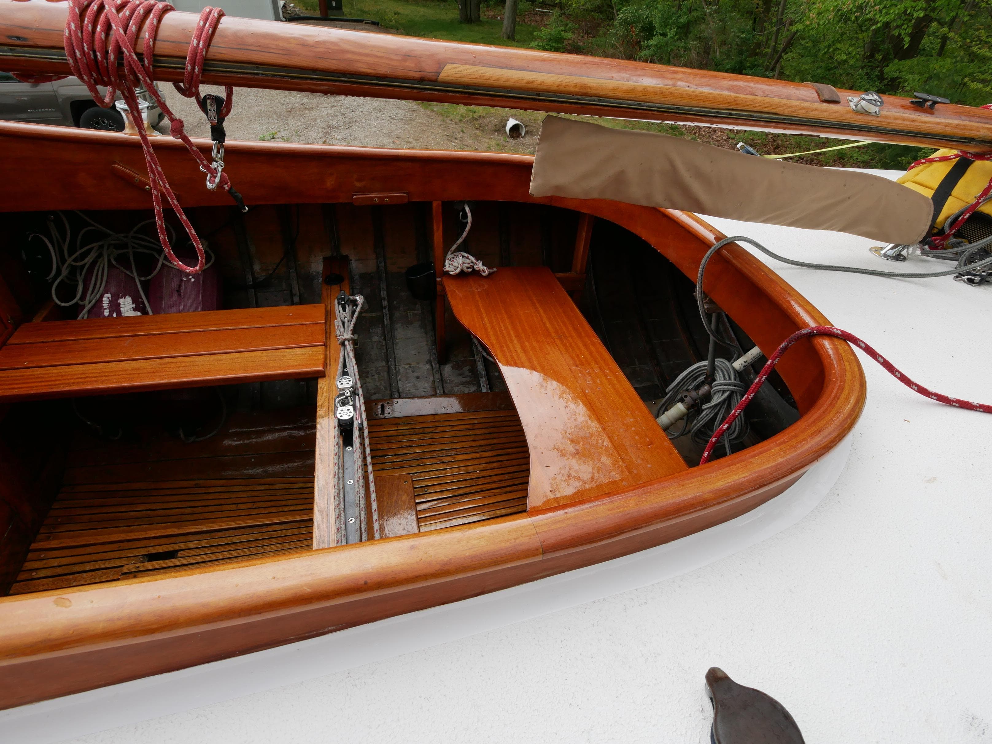 1935 Custom 44' 30-Square Meter Sailing Yacht cockpit with wooden benches and rigging.