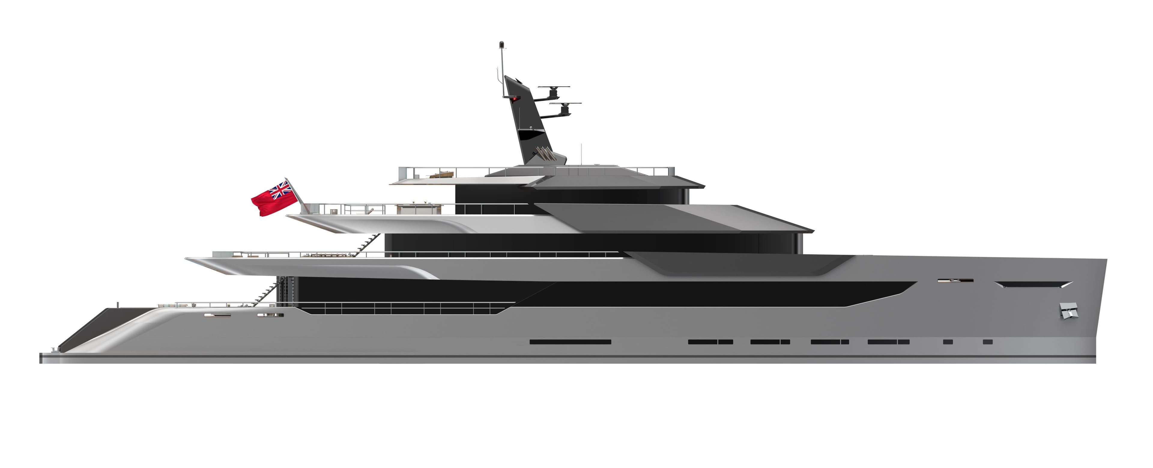Futuristic Turquoise 65M yacht design, 2028 model, sleek and modern profile.