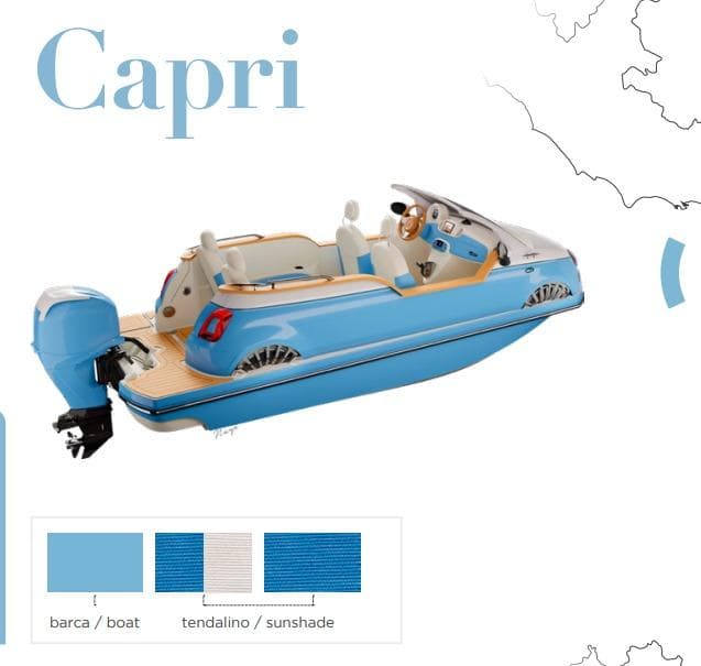 Blue Fiat 500 Classic boat design, 2025 model, with "Capri" text and color swatches.