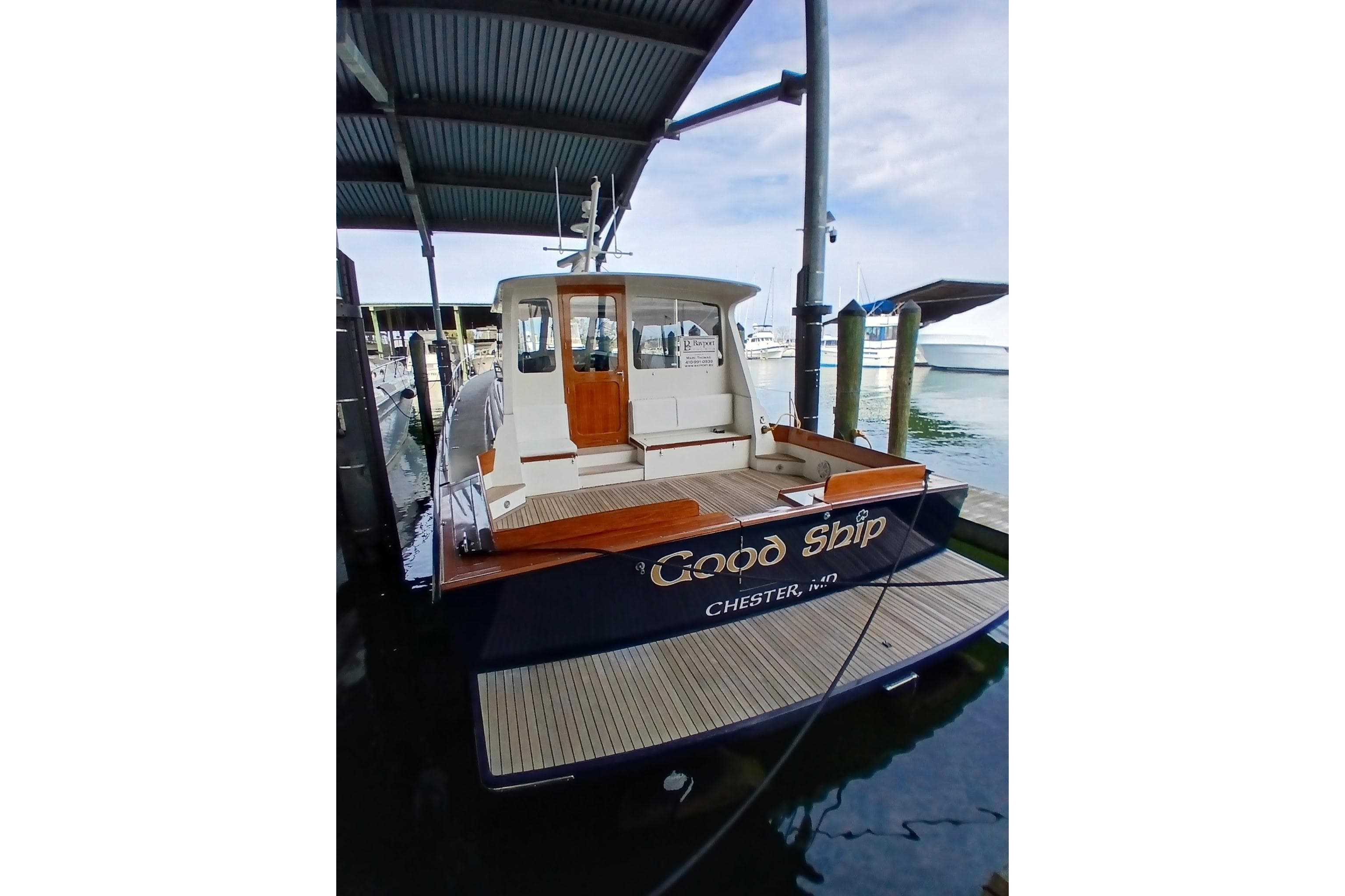 1998 Little Harbor WhisperJet 55 docked, rear view with "Good Ship" name visible.