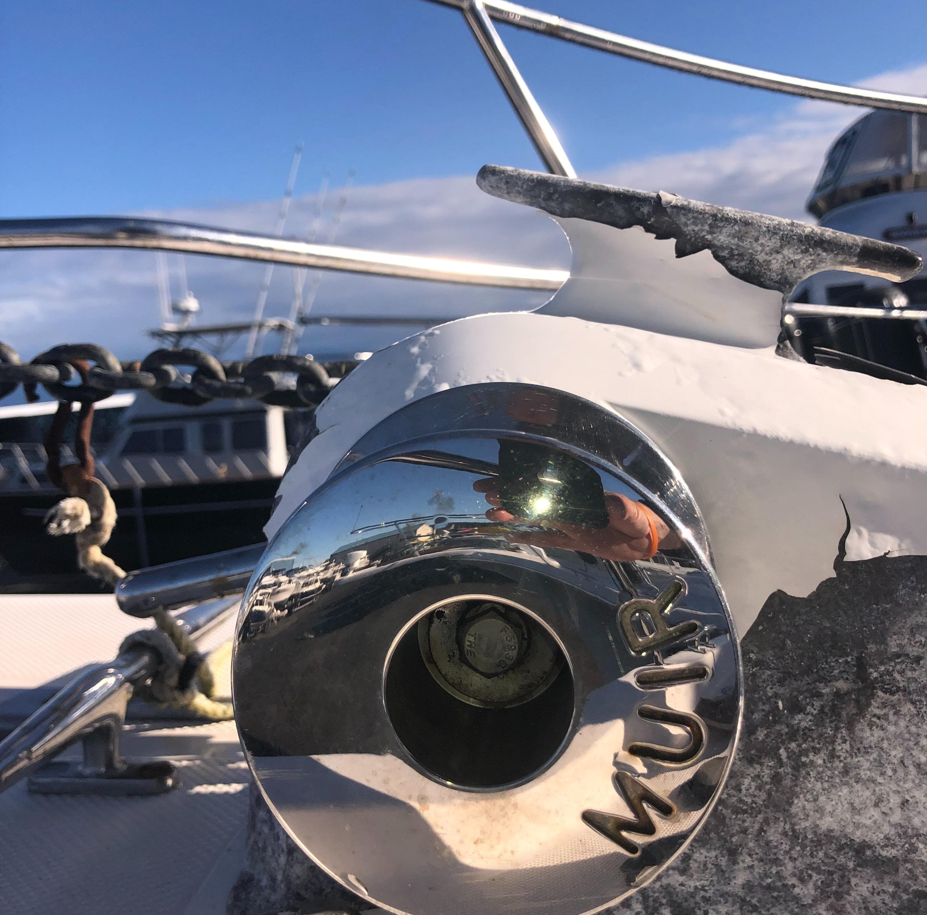 Close-up of a 1996 Bayliner 4788 yacht's anchor winch with "Muir" branding.