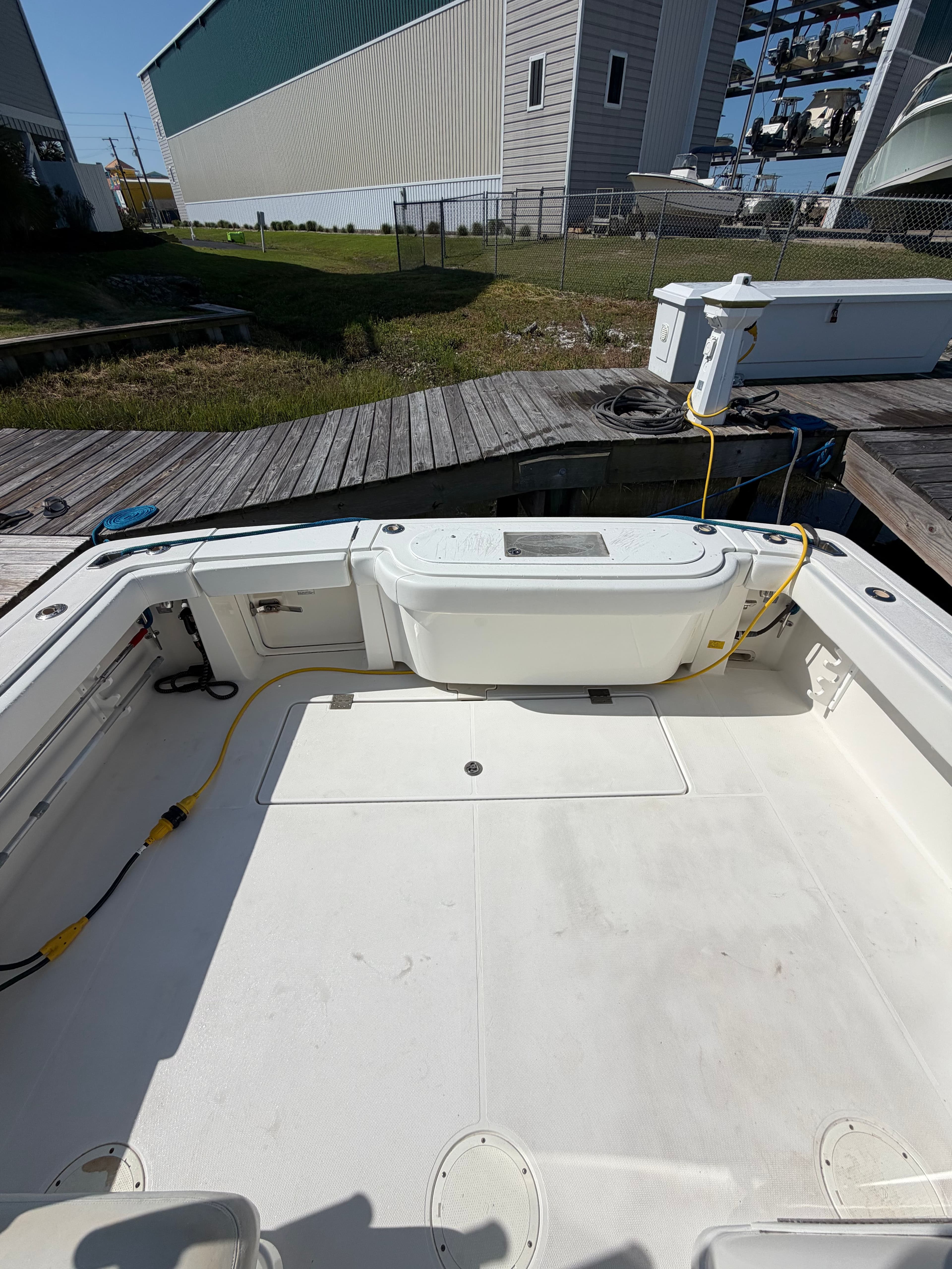 Interior of a 2005 Rampage 33 Express boat at dock.