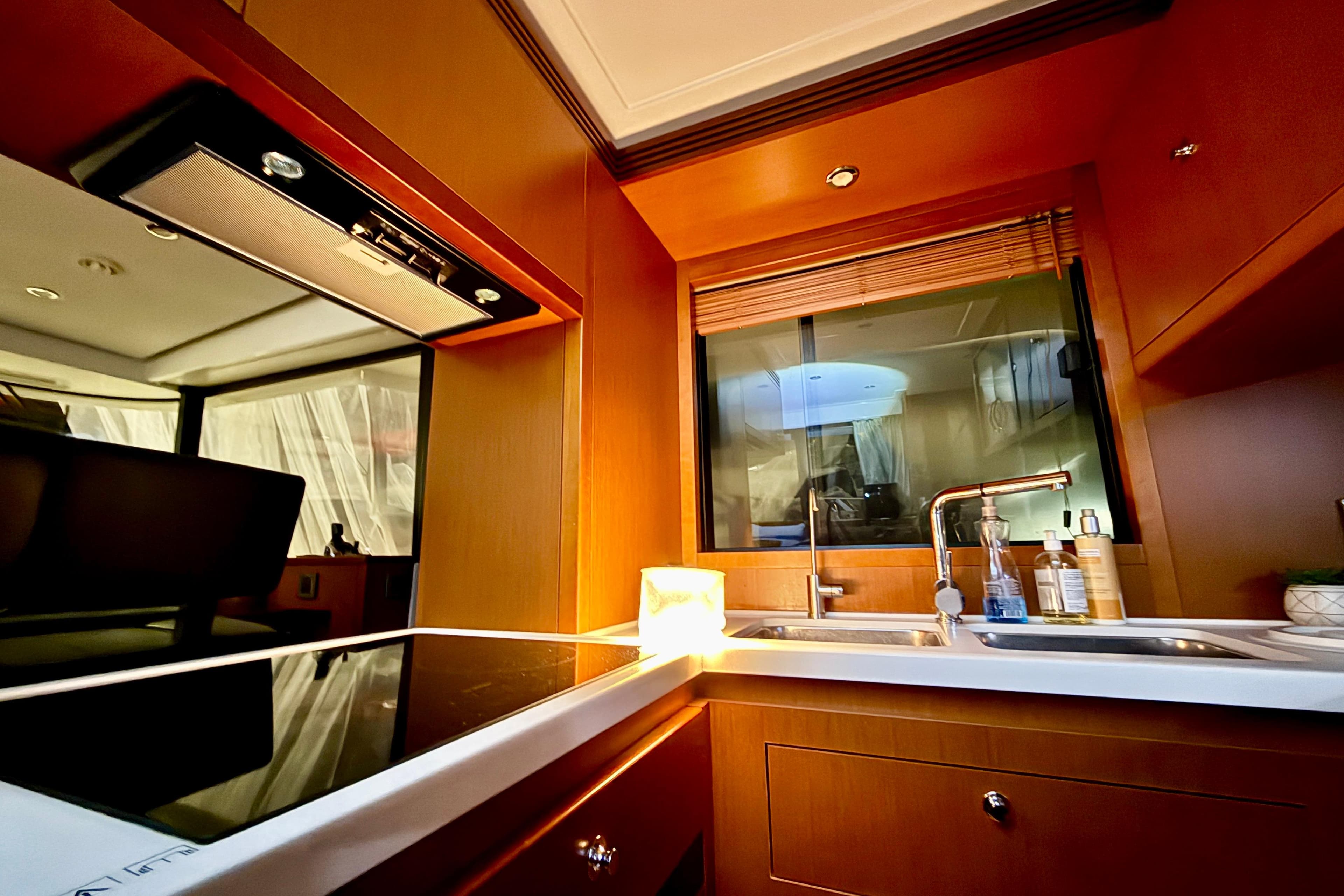 Luxurious kitchen interior of 2018 Beneteau Swift Trawler 50 yacht.