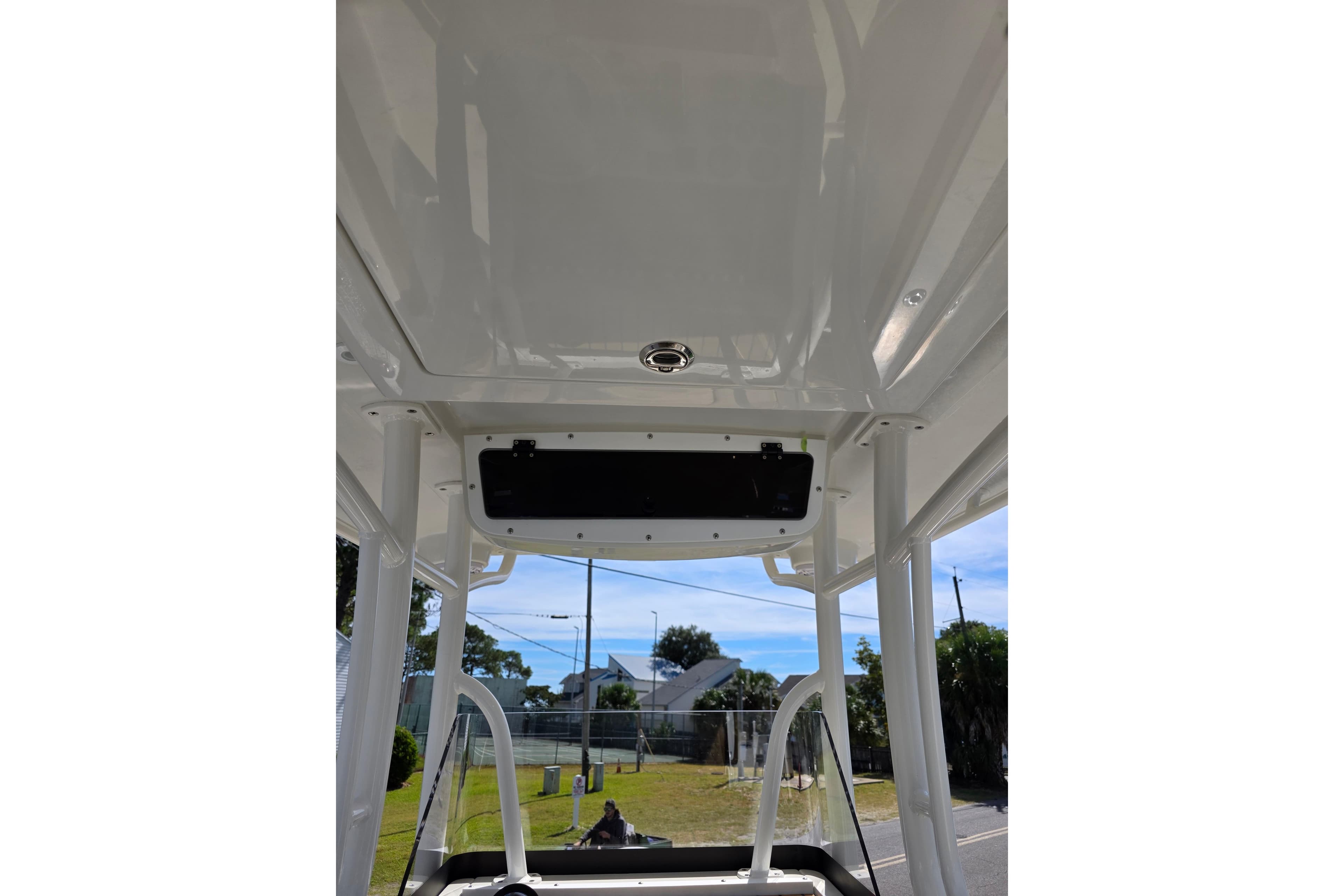 Interior view of 2026 Ranger 2660 Bay boat's canopy and console.