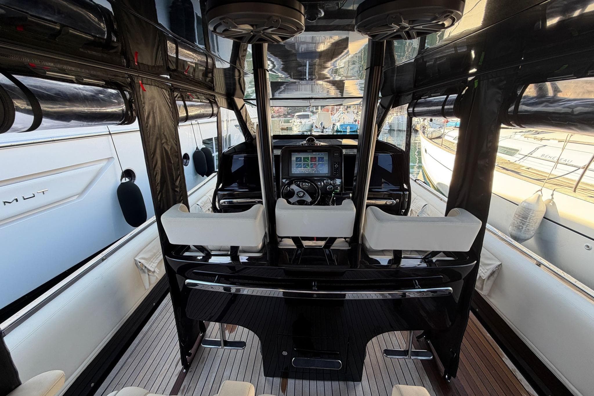 Interior of 2016 Novamarine Black Shiver 120 efb yacht with sleek design and modern controls.