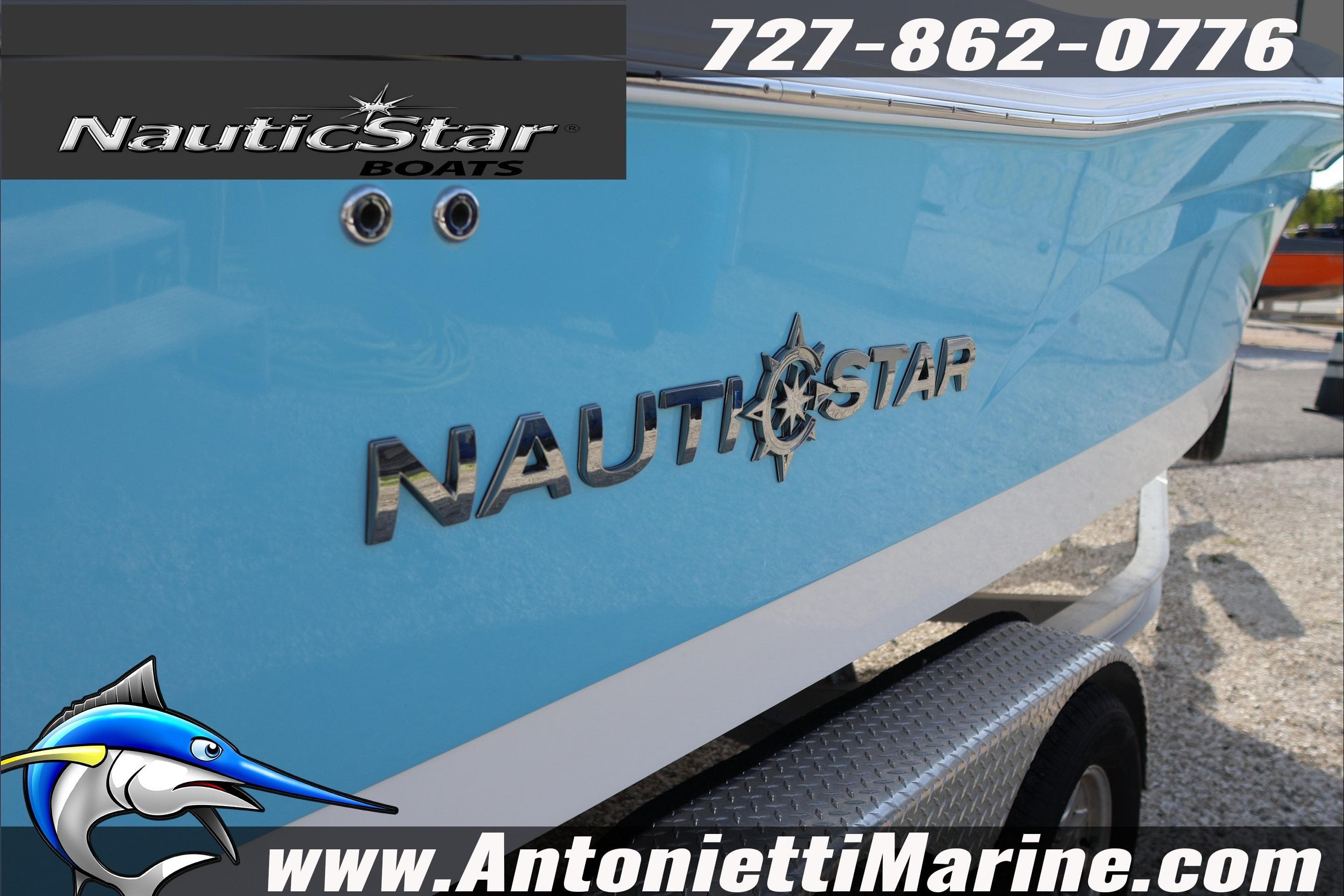 2026 NauticStar 222 Offshore boat with logo, contact number, and website displayed.