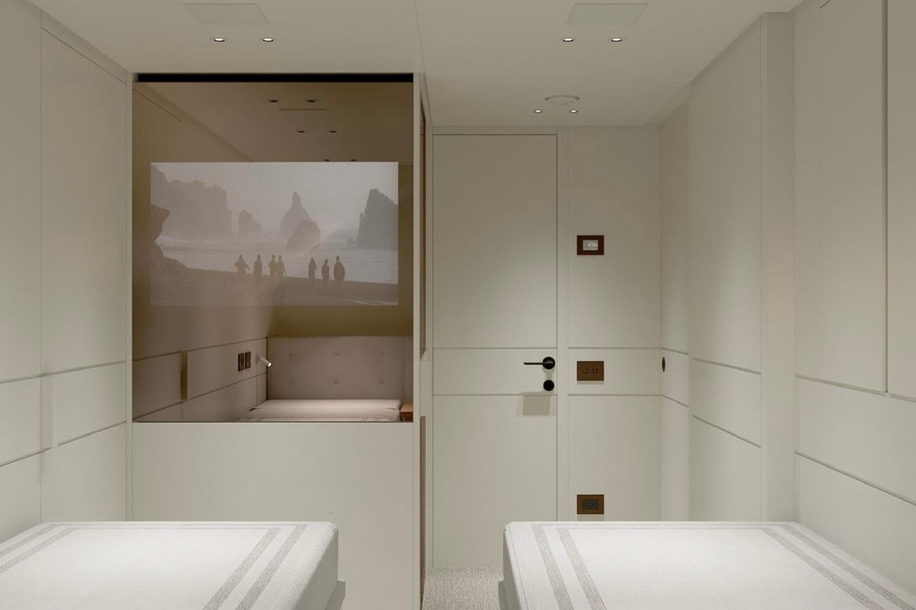 Luxurious interior of 2026 Sanlorenzo SP92 yacht with minimalist design and wall projection.