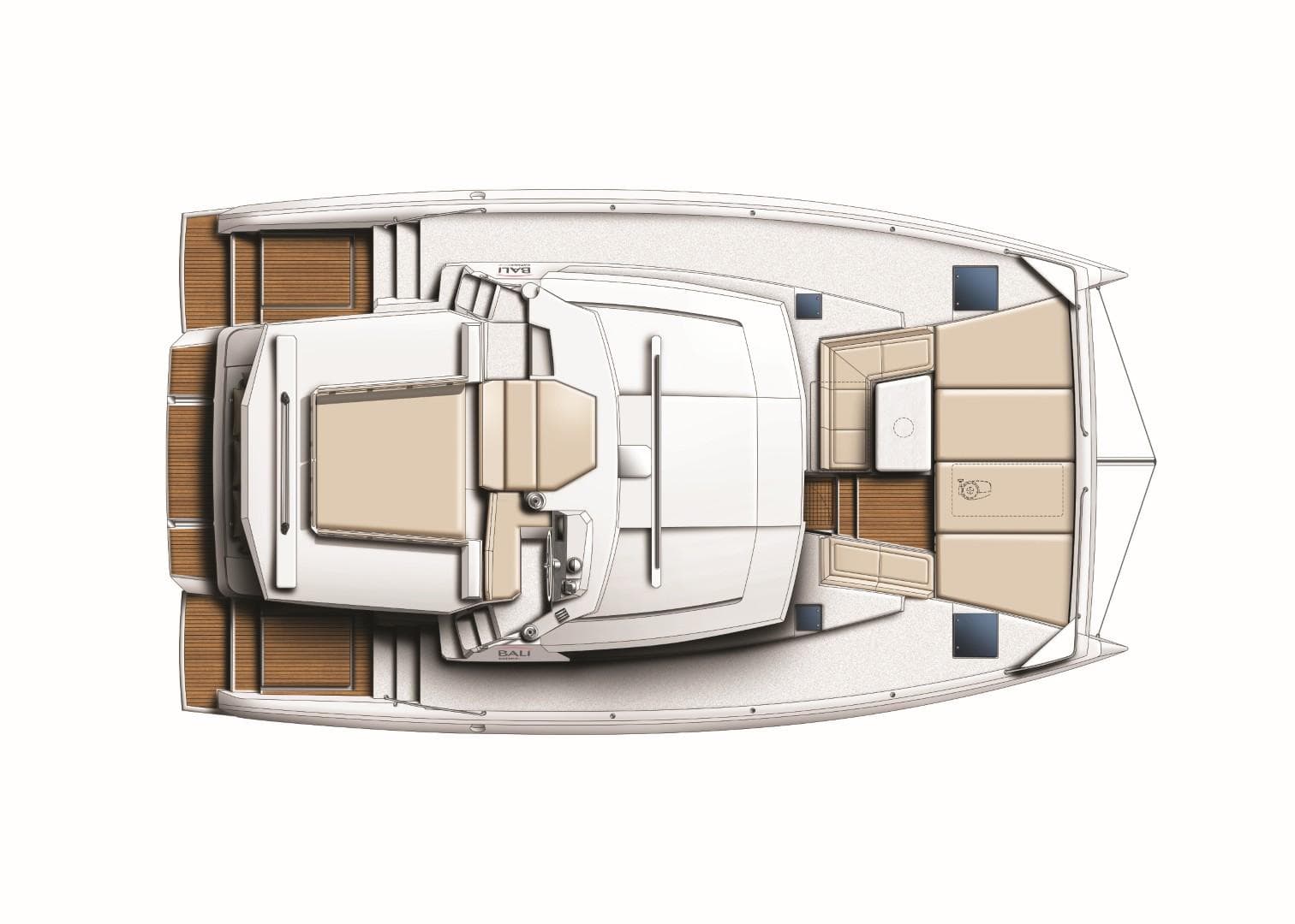 Top view of 2025 Bali 4.2 yacht layout with spacious deck and seating areas.