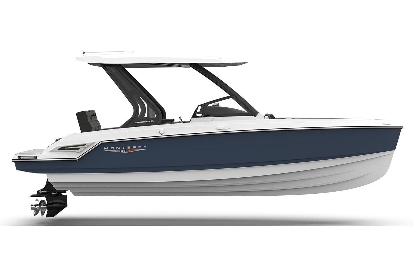 Manufacturer Provided Image: 2026 Monterey Elite 25 SD boat, side view, sleek design, blue and white color scheme.