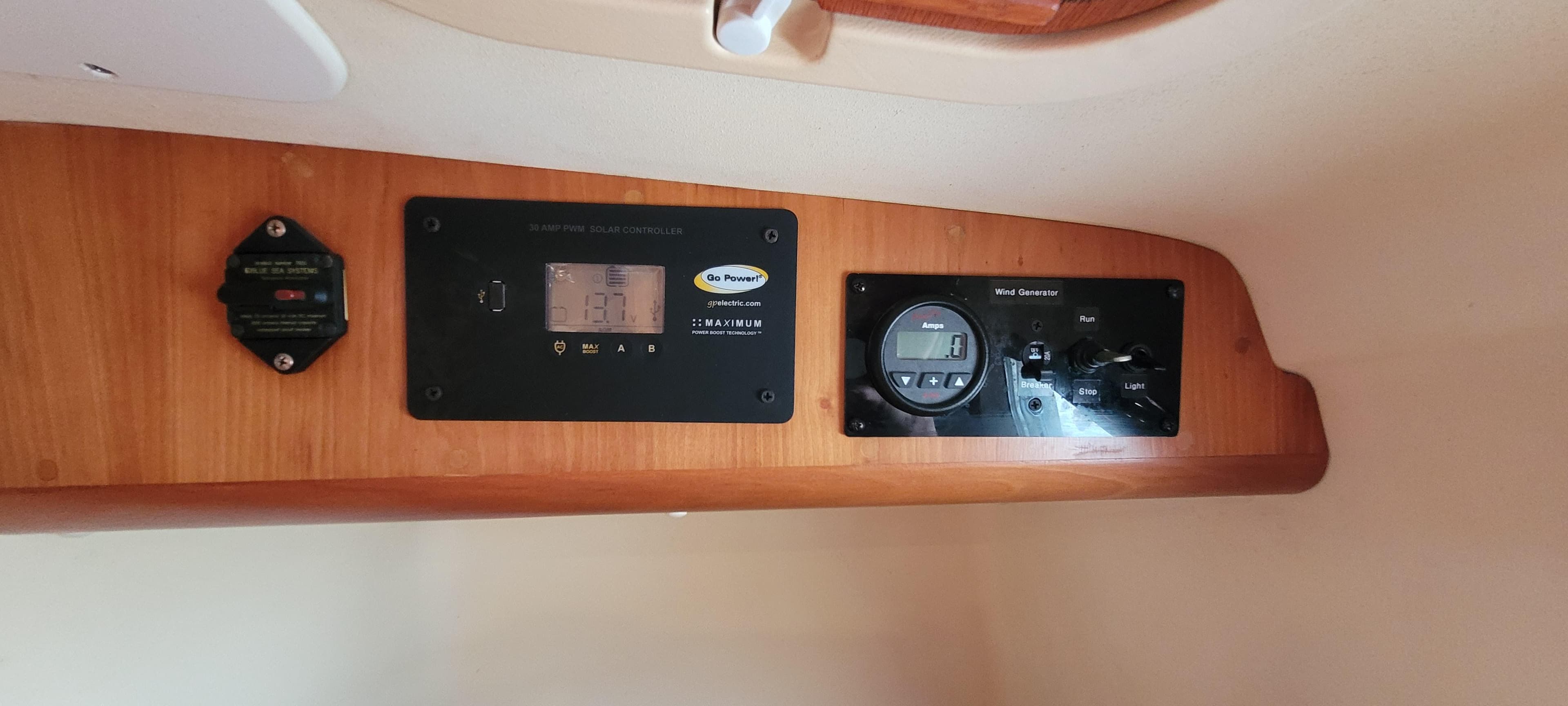 Control panel of a 1997 Saga 43 boat with various gauges and displays.