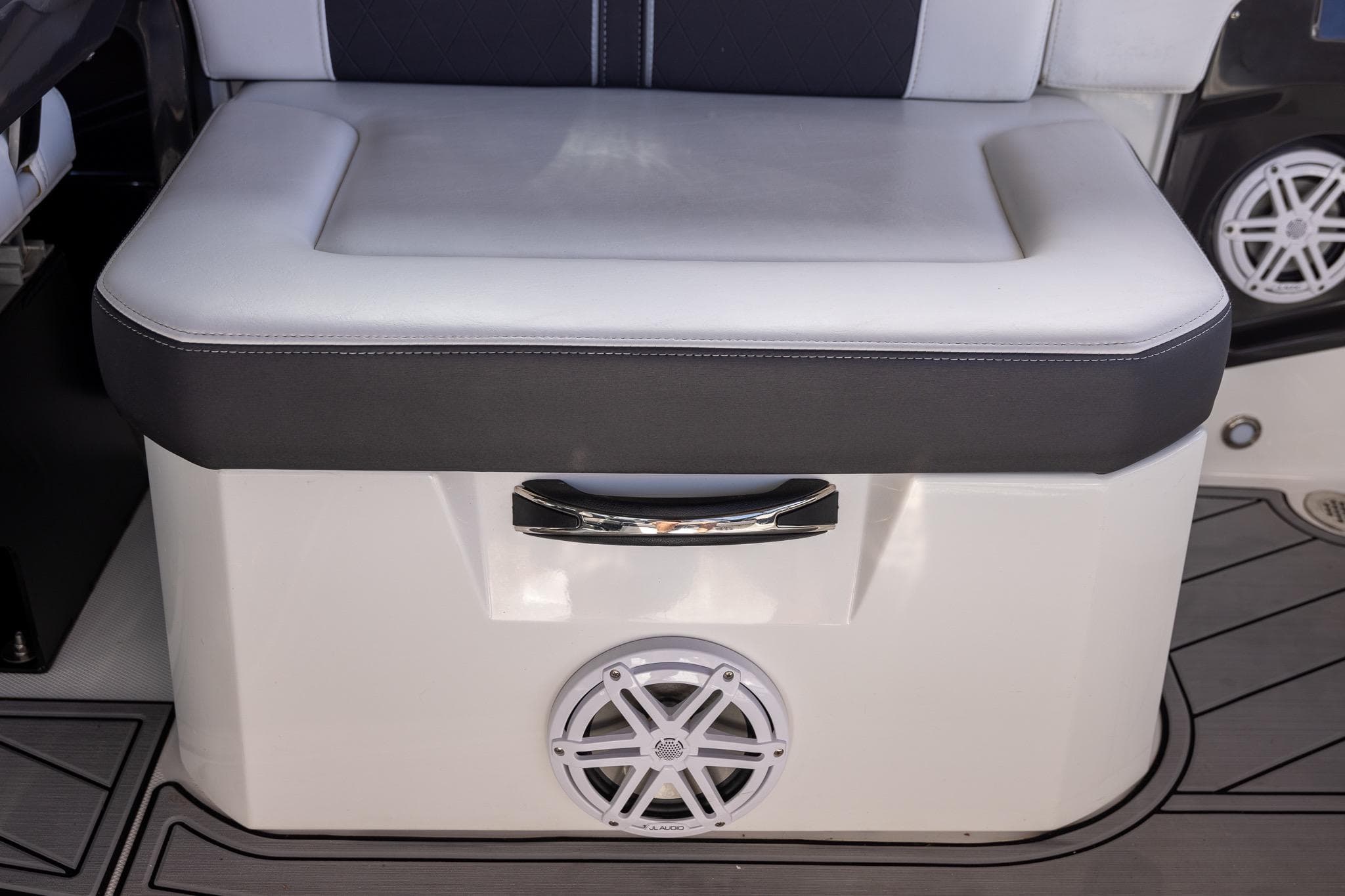 2022 Monterey 275SS Super Sport boat seat with integrated speaker and storage handle.