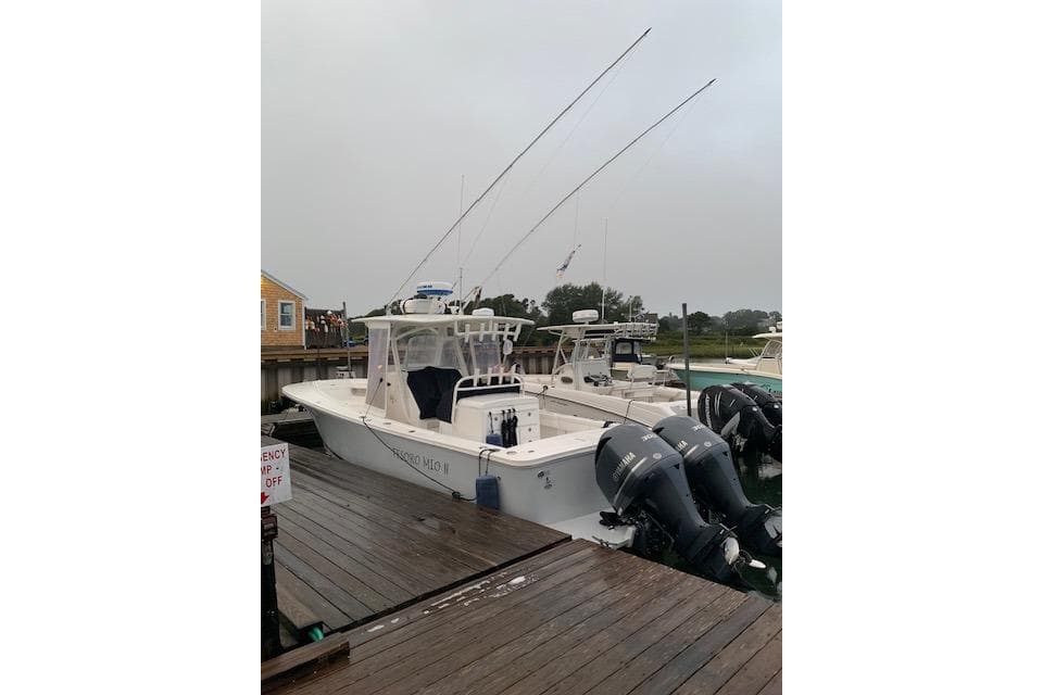 2017 Regulator 31 boat docked with dual outboard engines, overcast sky.