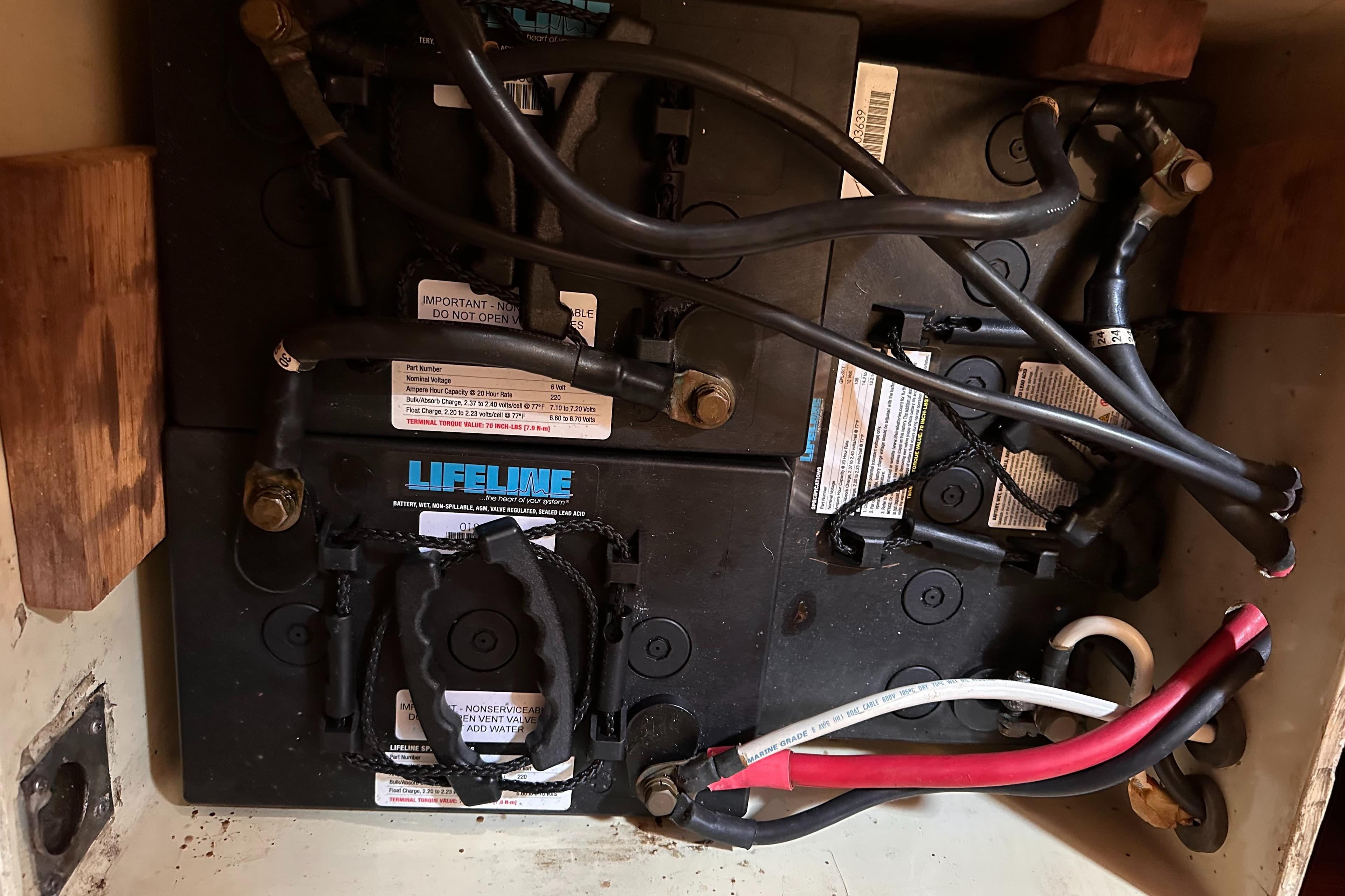 Battery compartment of a 1980 Nautor Swan 371 sailboat with Lifeline batteries.