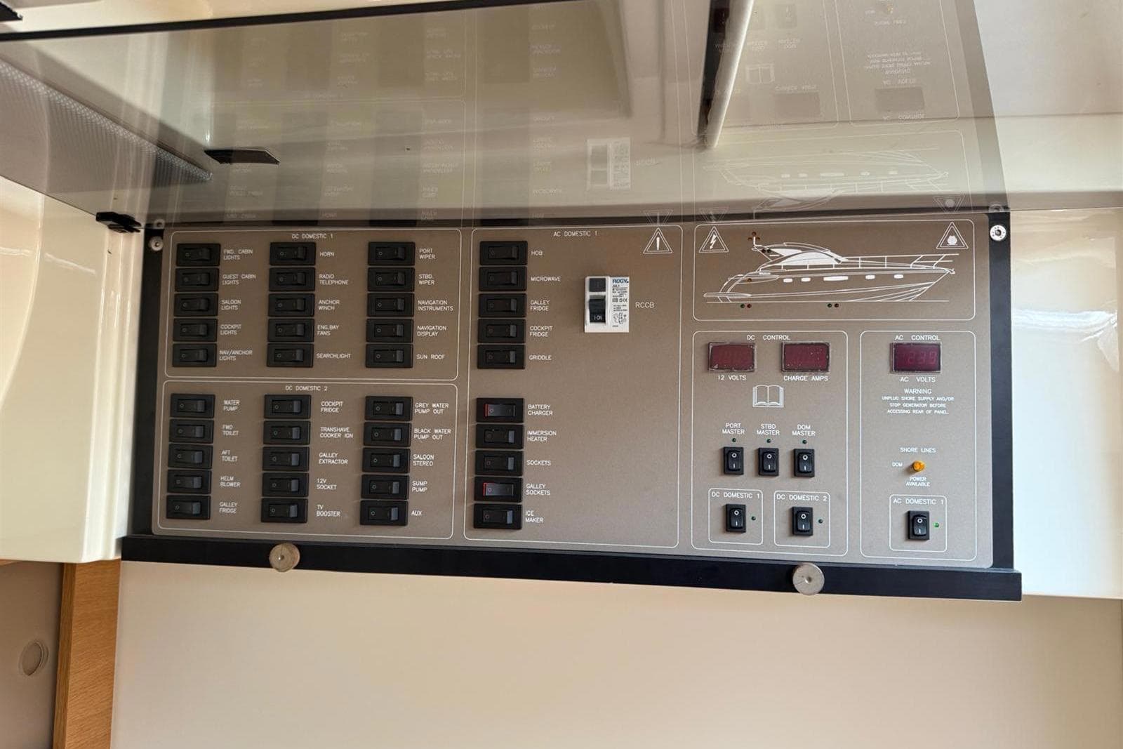 Control panel of a 2010 Fairline Targa 44 yacht, featuring various switches and indicators.