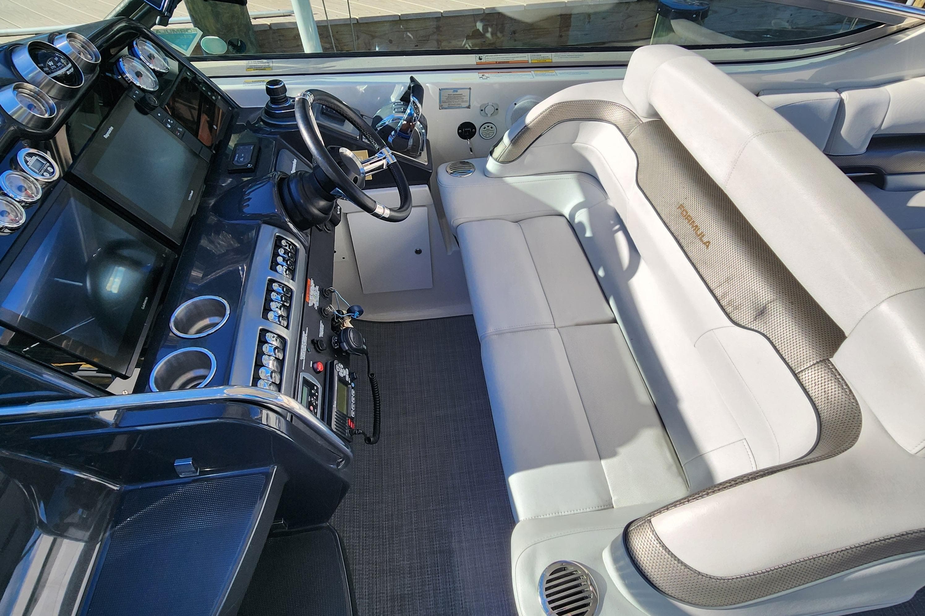 2017 Formula 370 Super Sport cockpit with modern controls and luxurious seating.