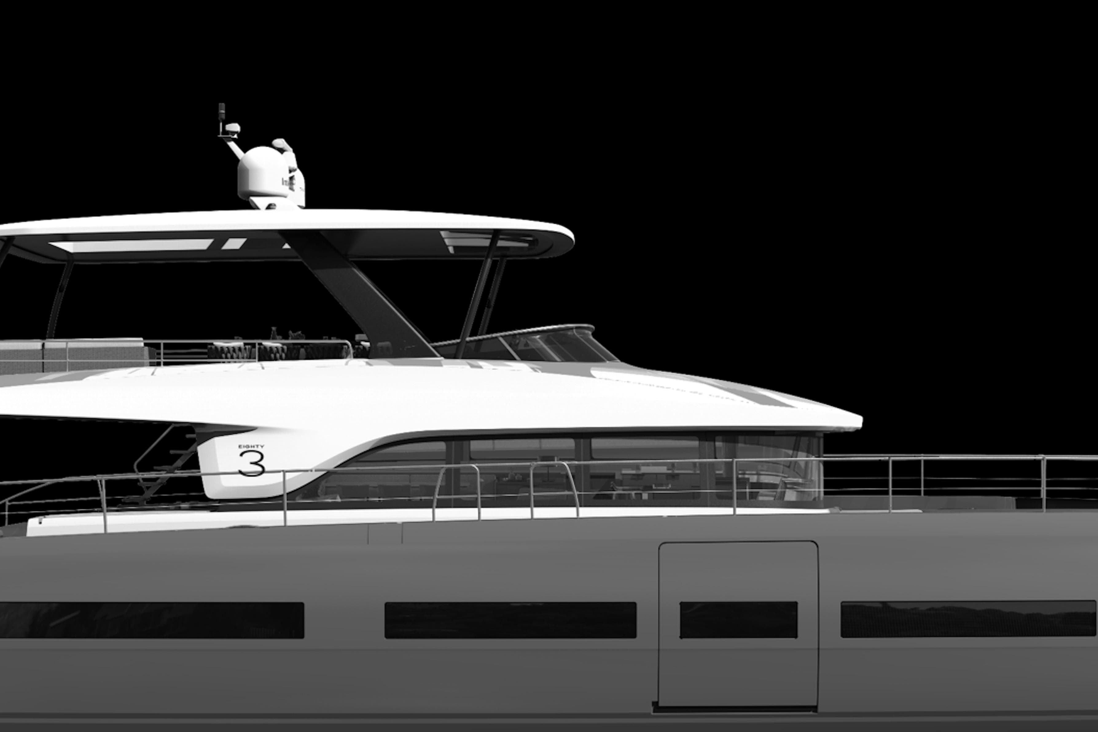 Futuristic Lagoon EIGHTY 3 yacht, 2027 model, sleek design against a black background.