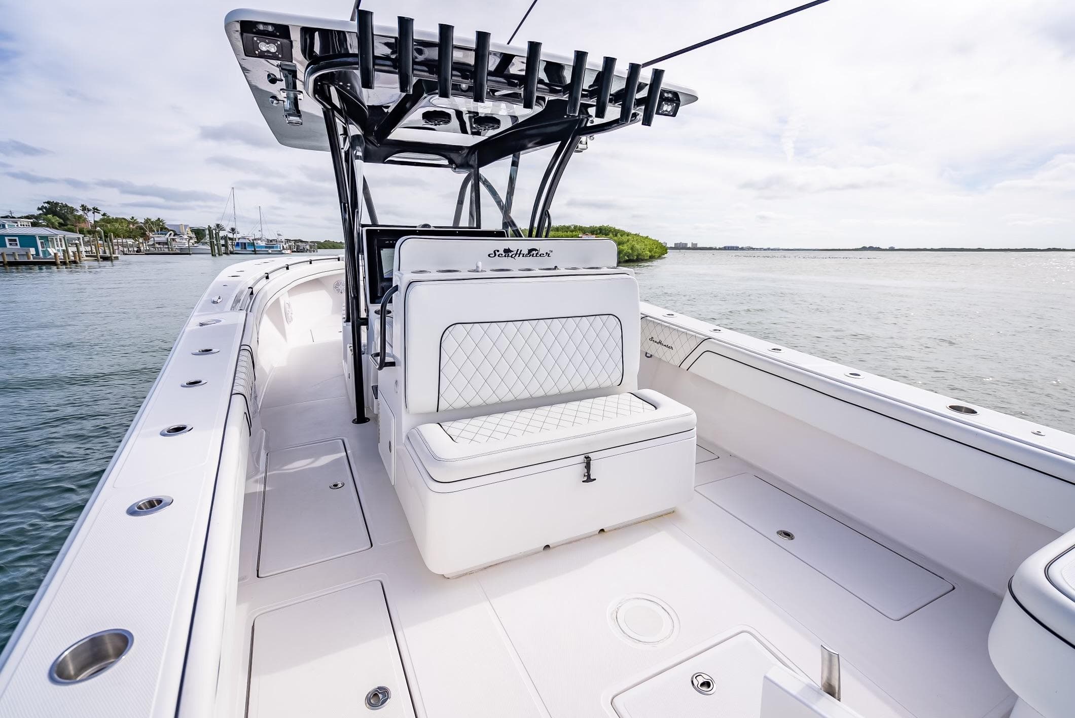 2020 SeaHunter 35 Tournament boat interior with seating and rod holders.