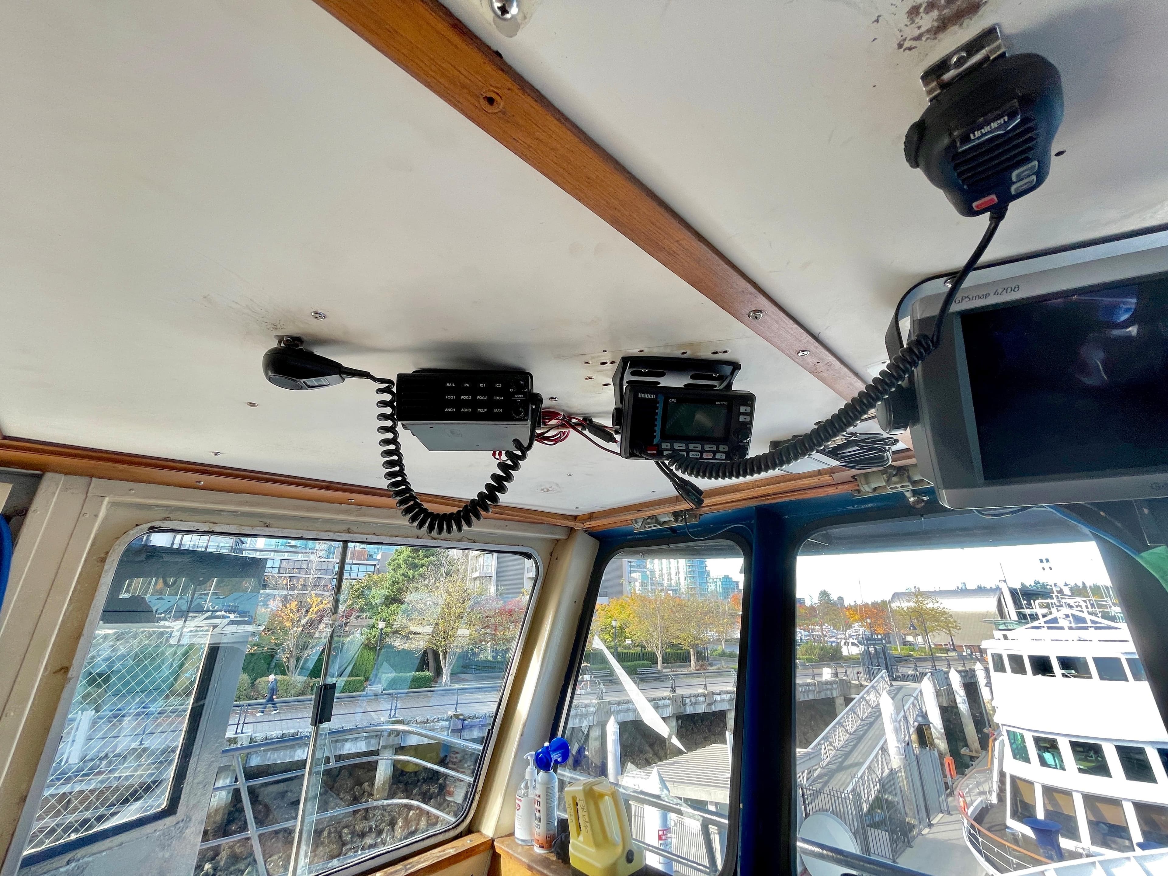 Interior view of 1983 Blount Custom Tri-Deck boat with communication equipment.