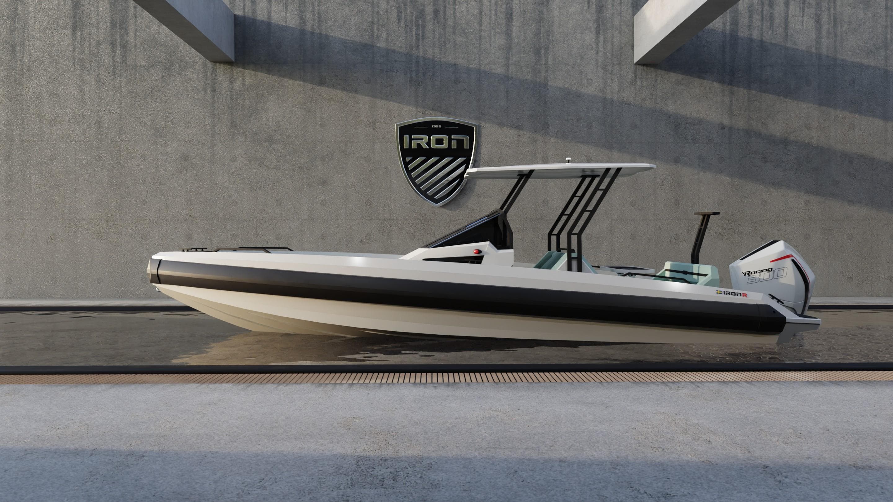 2026 Iron 767 T-top boat with sleek design, docked in modern setting.
