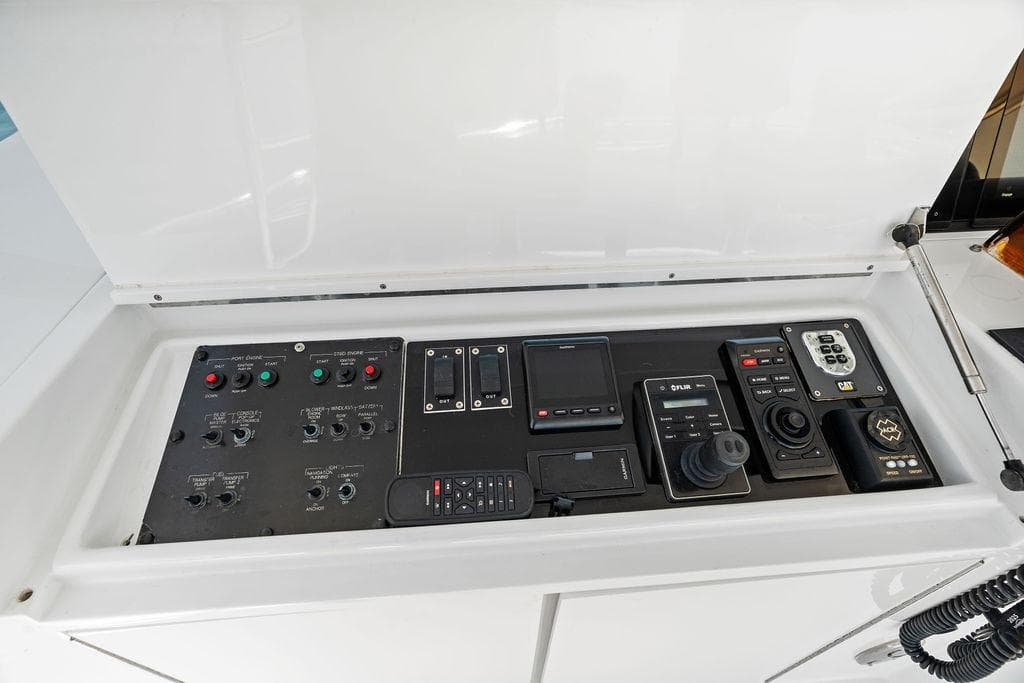 Control panel of a 2006 Hatteras 68 Convertible yacht with various navigation instruments.