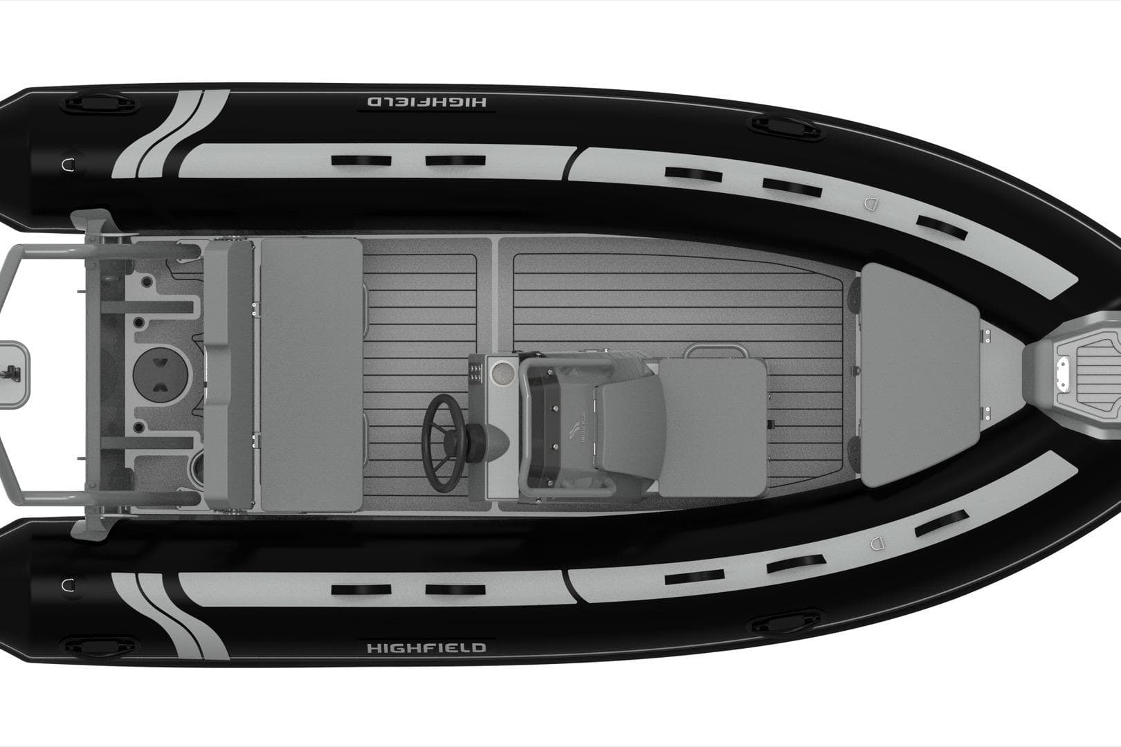 2026 Highfield CL400 inflatable boat, top view, black and gray design, modern layout.