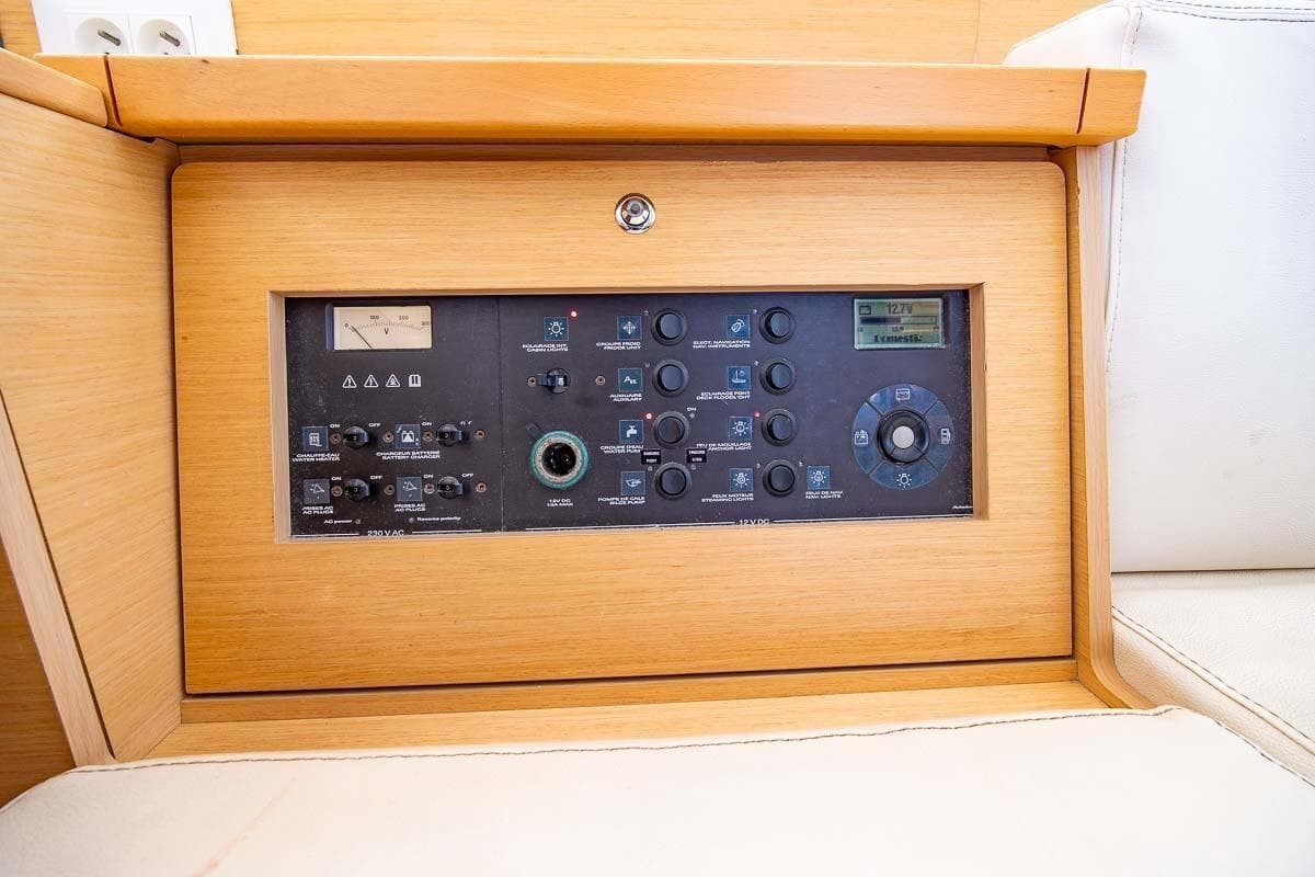 Control panel of a 2016 Lagoon 39 yacht, featuring various switches and gauges.