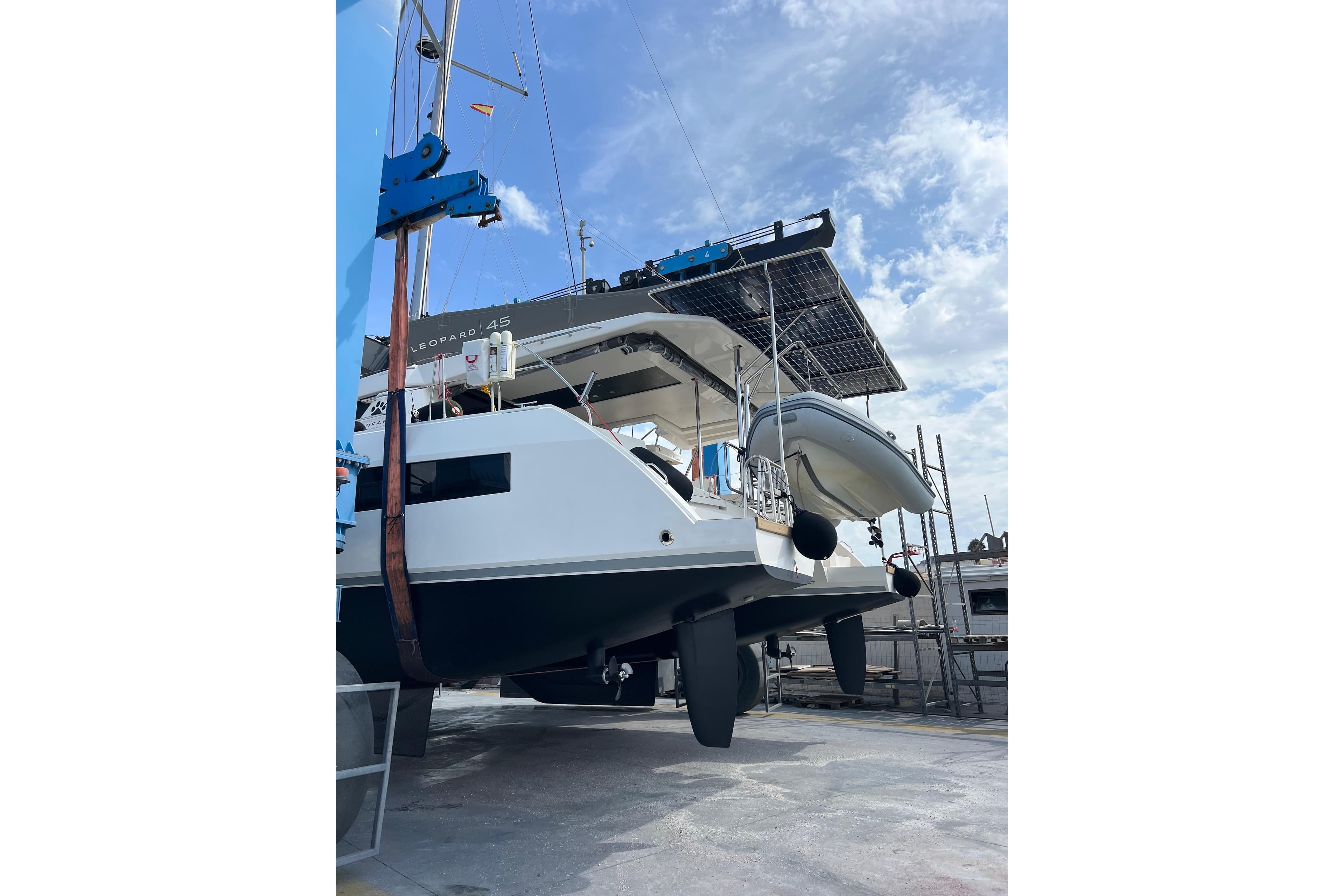 2018 Leopard 45 catamaran in dry dock, showcasing its sleek design and modern features.