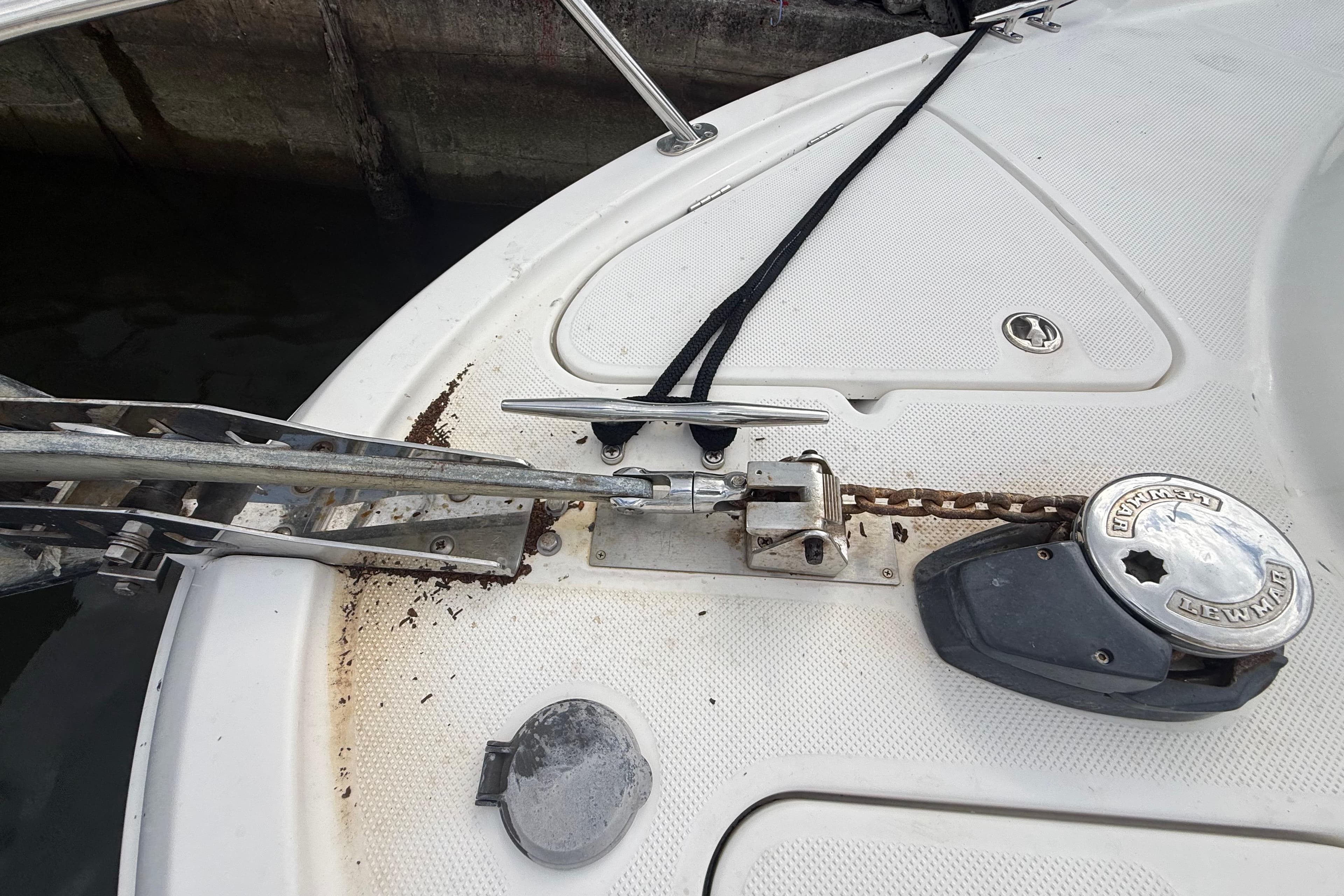 Anchor chain mechanism on 2007 Meridian 459 Motoryacht deck.