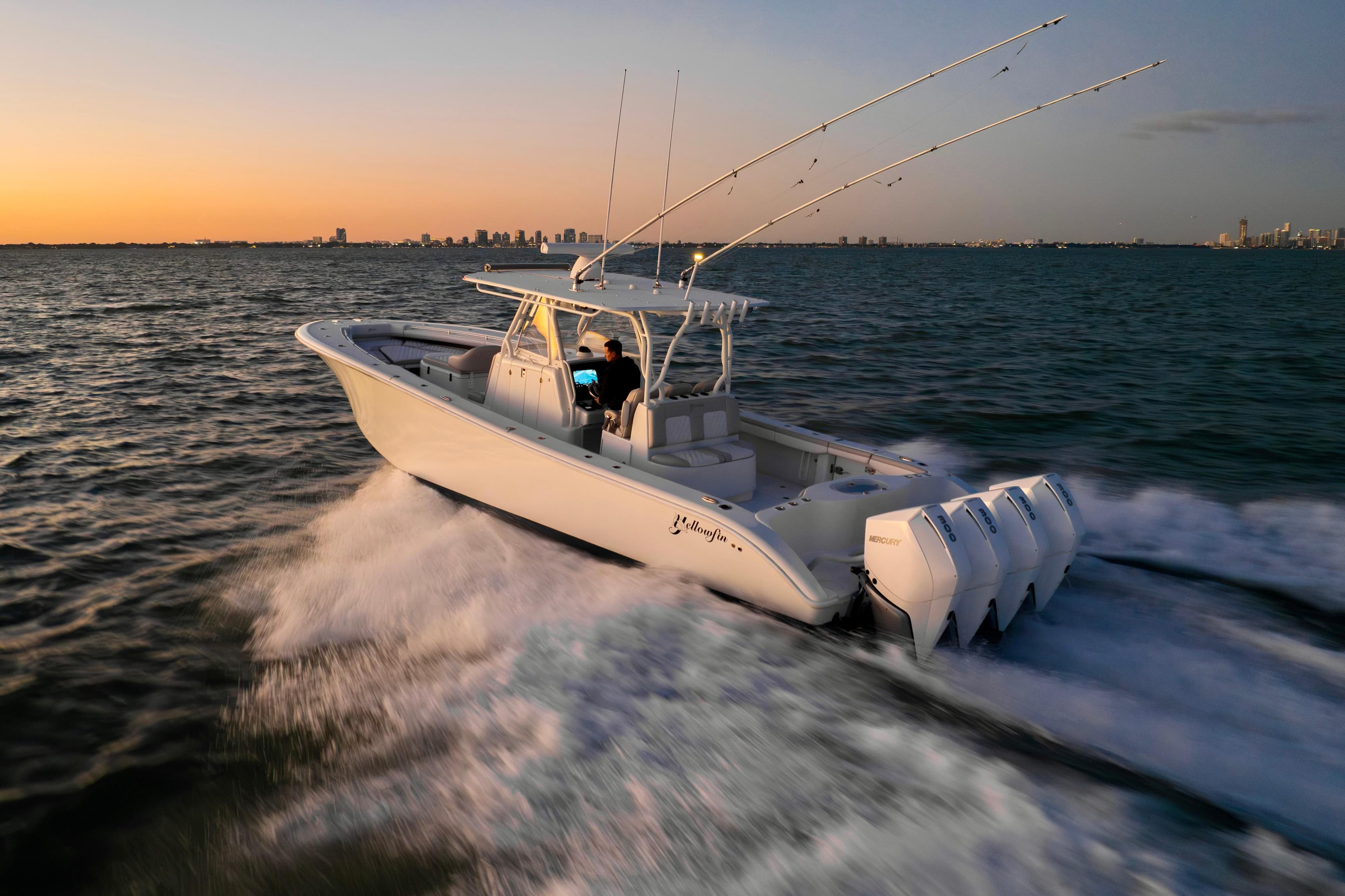 2016 Yellowfin 39 Offshore boat cruising at sunset on open water.