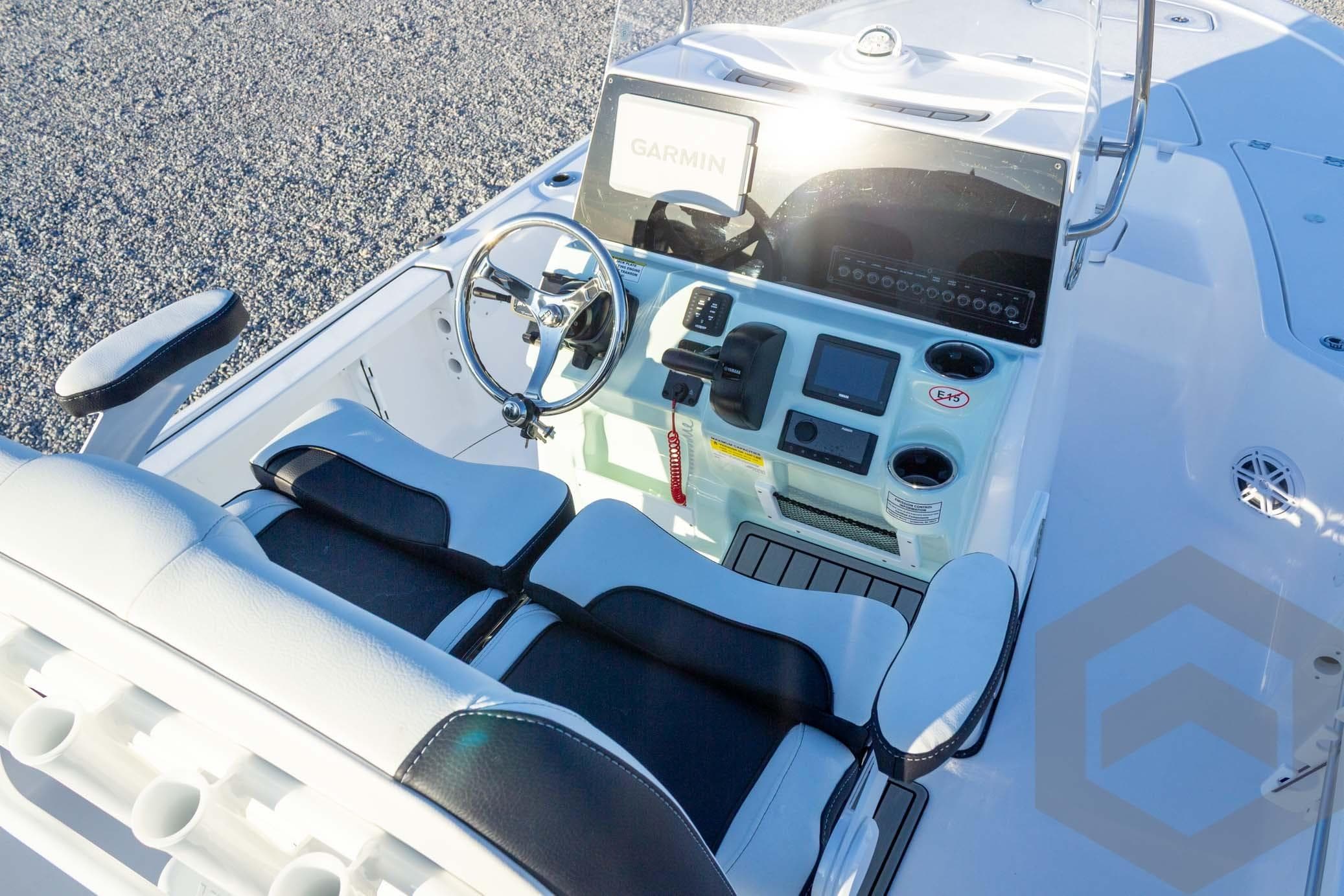 2026 Tidewater 2110 Bay Max boat console with Garmin navigation and dual seating.