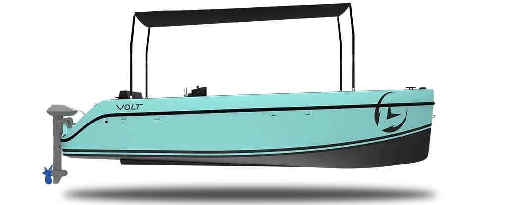 2023 Vision Marine Technologies Volt 180 electric boat with canopy, side view.