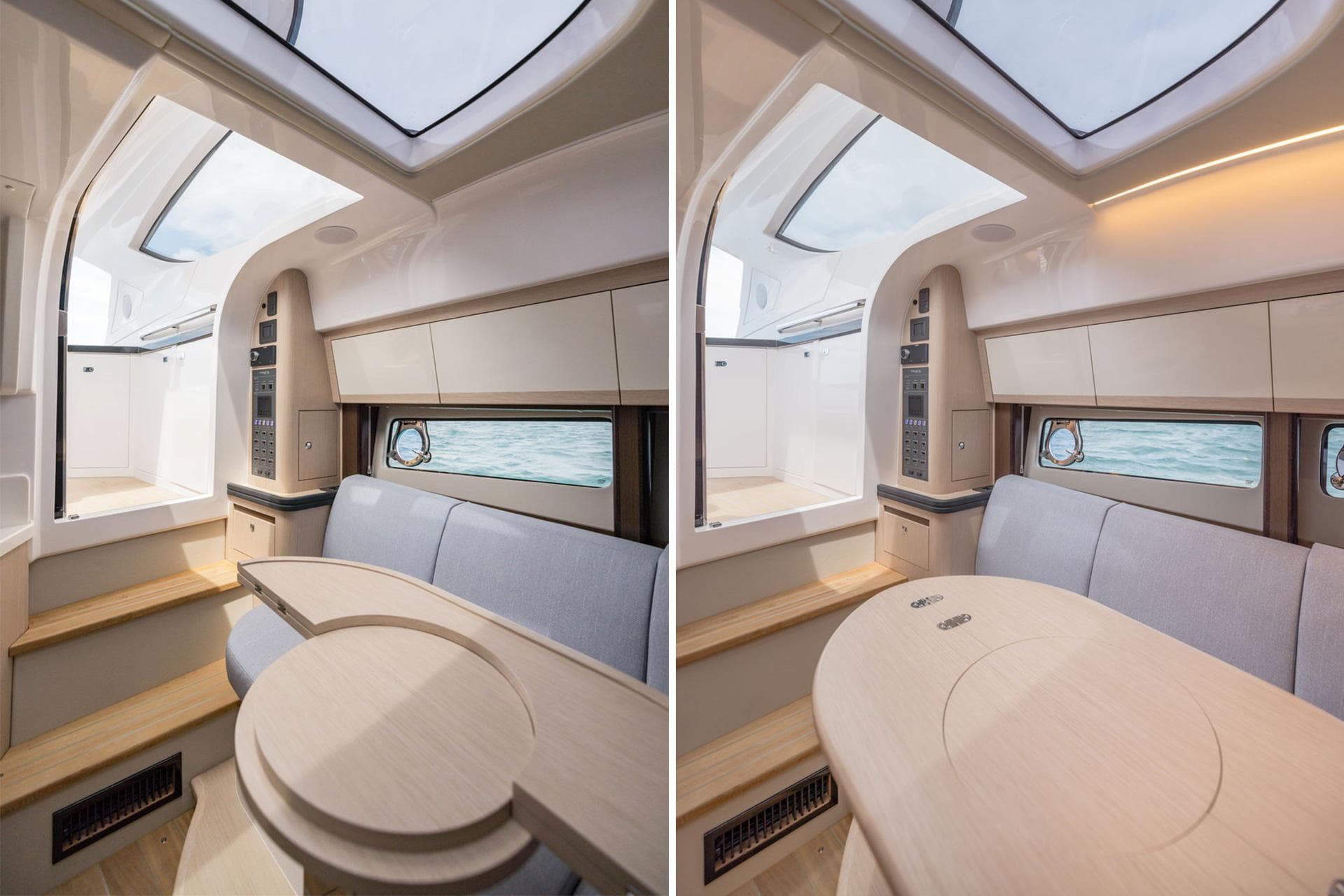 Luxurious interior of 2025 Focus Power 36 yacht with modern seating and skylight.