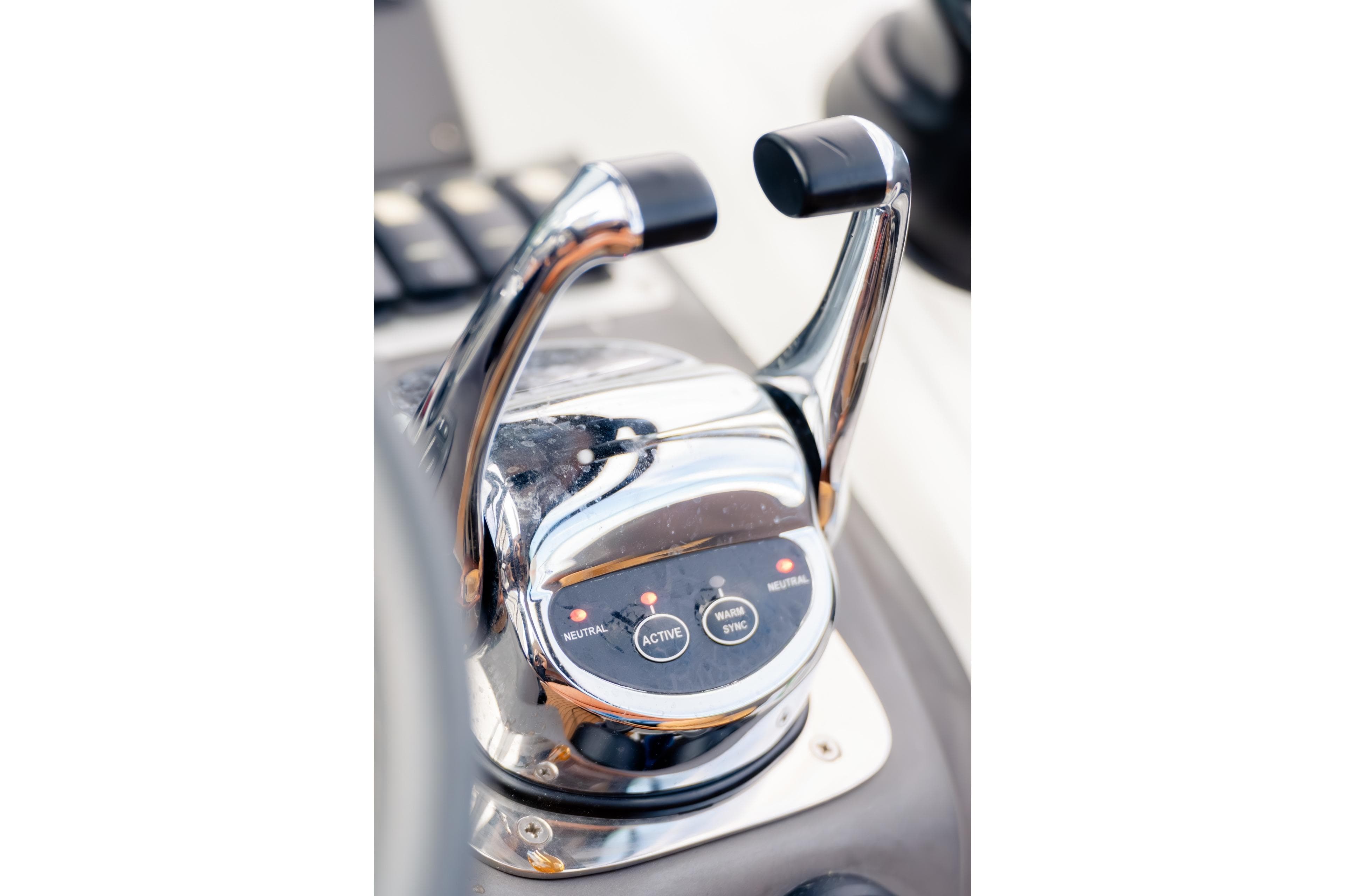 Close-up of 2013 Azimut Atlantis 48 yacht throttle controls.