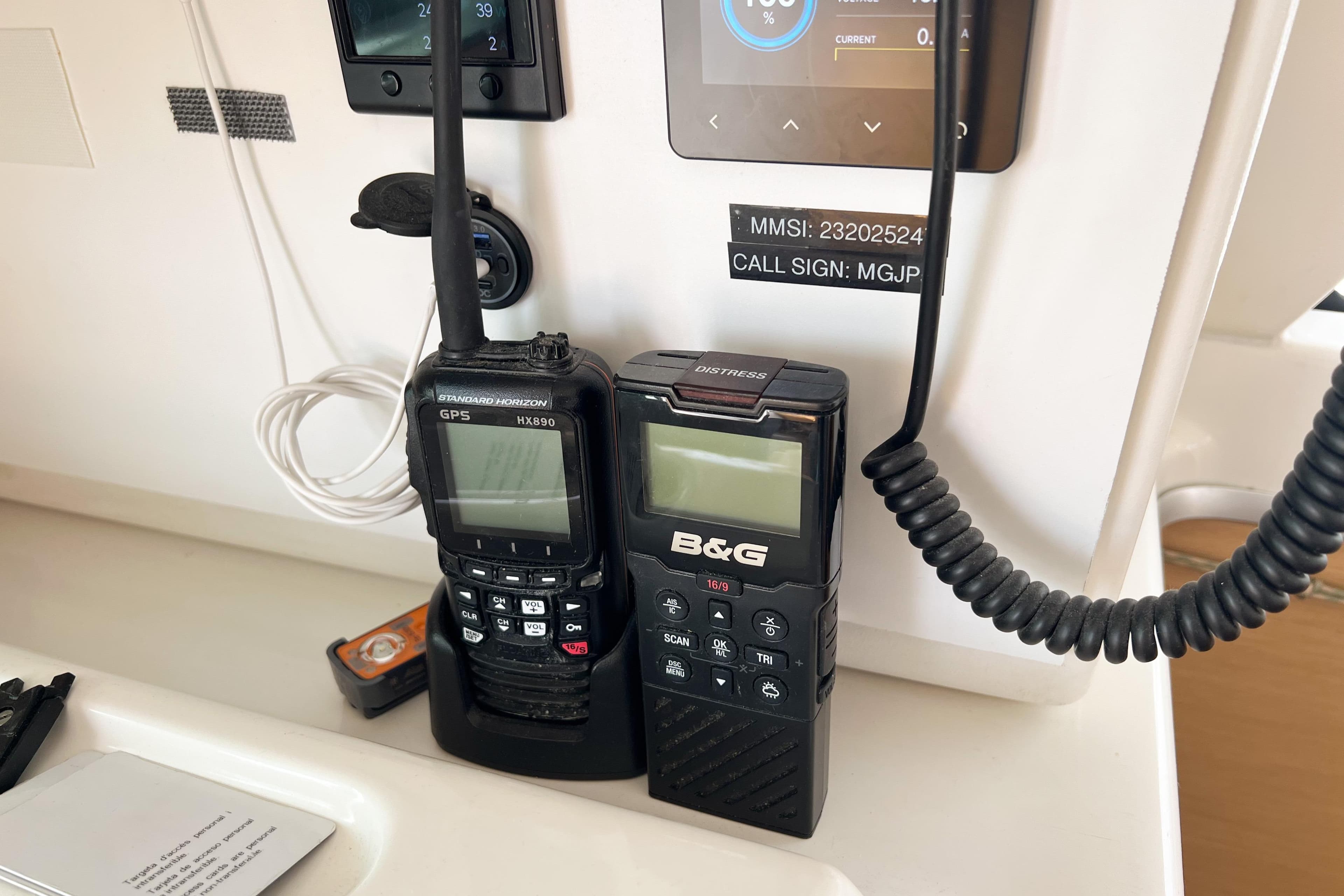 Communication equipment on a 2008 Lagoon 380 S2 yacht, featuring GPS and radio devices.