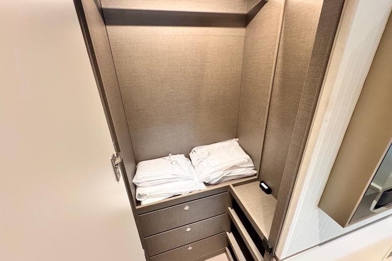 Luxurious closet interior on 2026 Azimut Grande Magellano 25 Metri yacht.