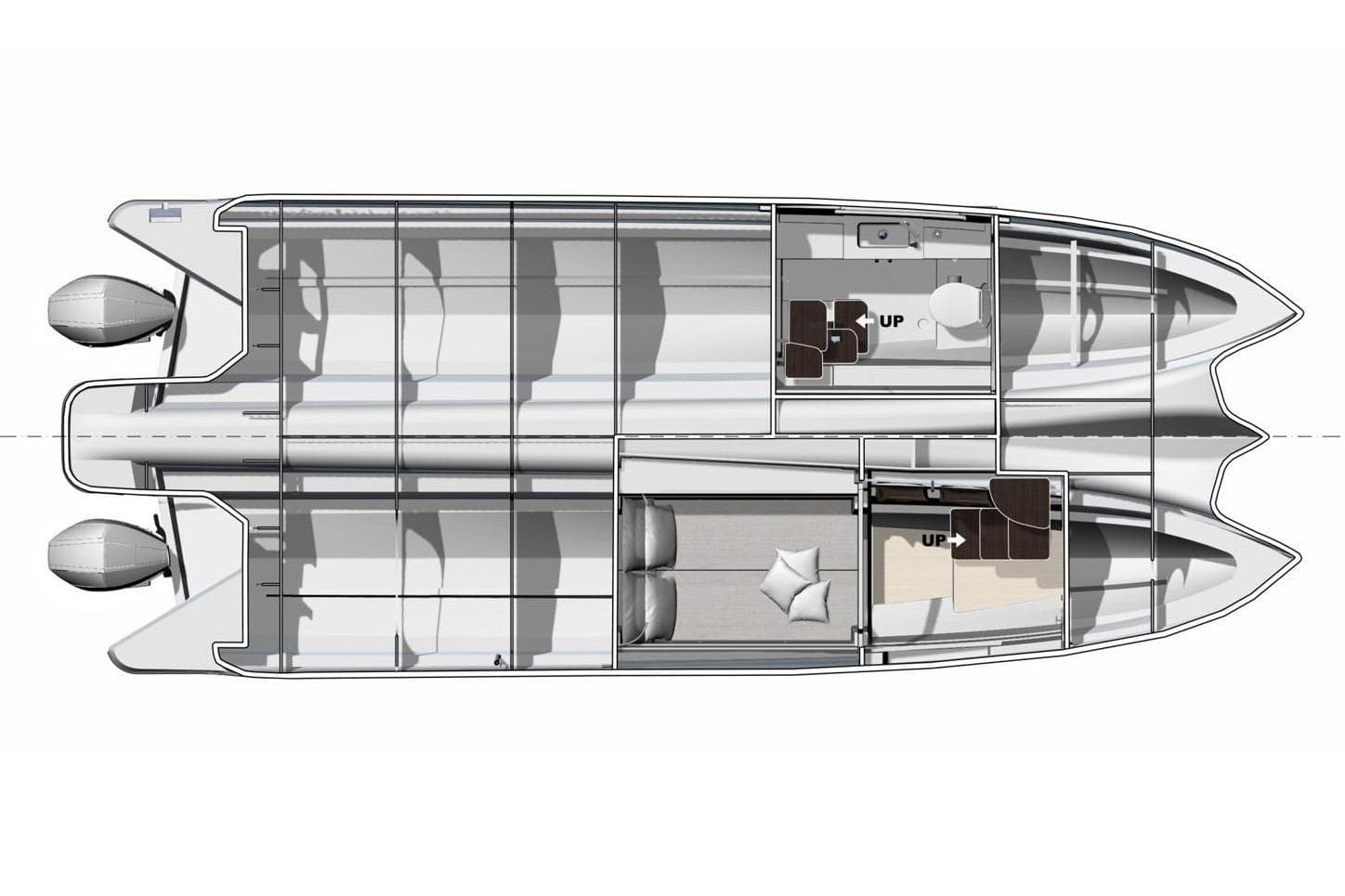 Manufacturer Provided Image: Top view layout of 2026 Jeanneau TH33 boat, featuring dual engines and interior spaces.