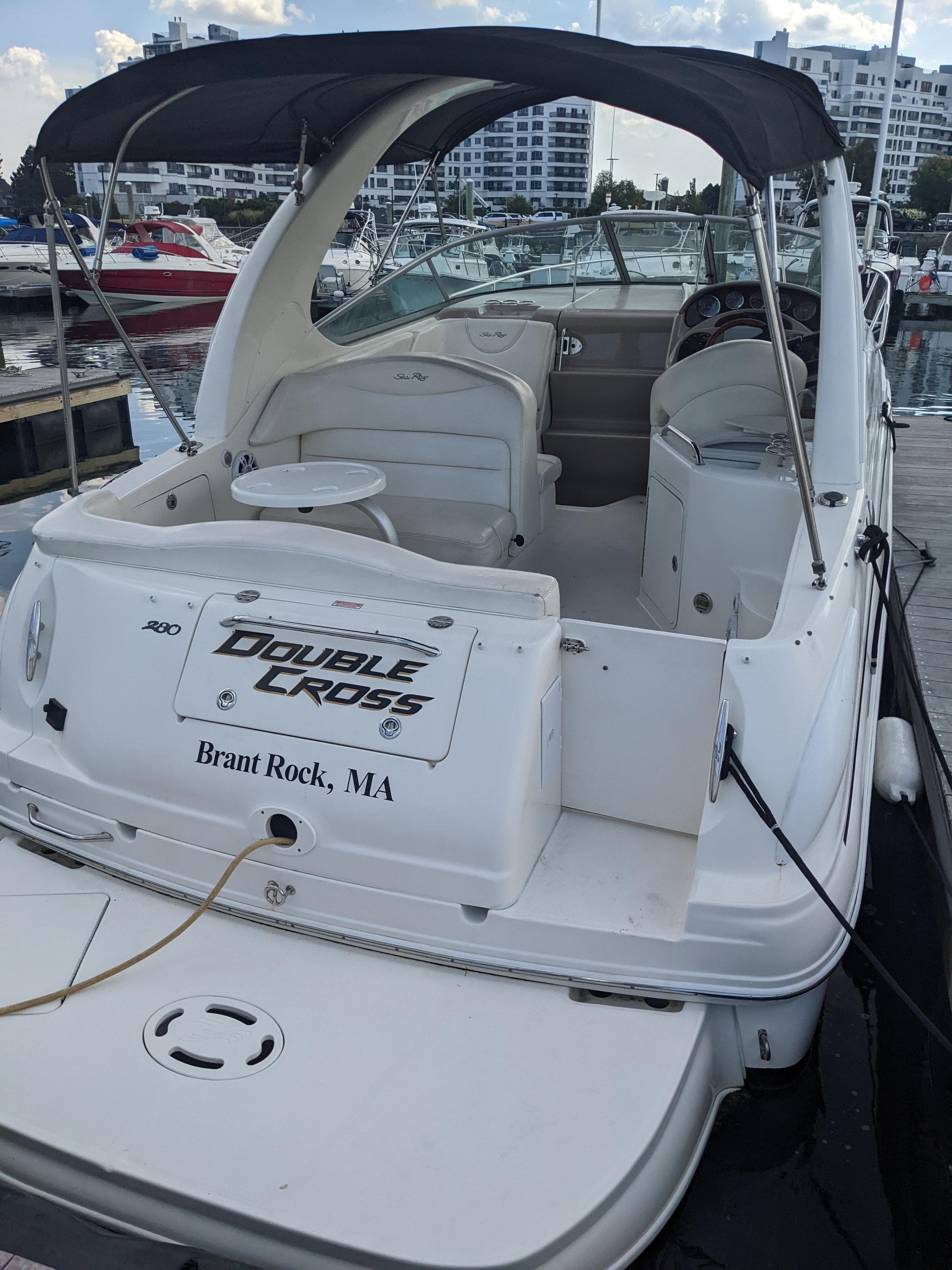 2005 Sea Ray 280 Sundancer boat docked, featuring "Double Cross" name, Brant Rock, MA.