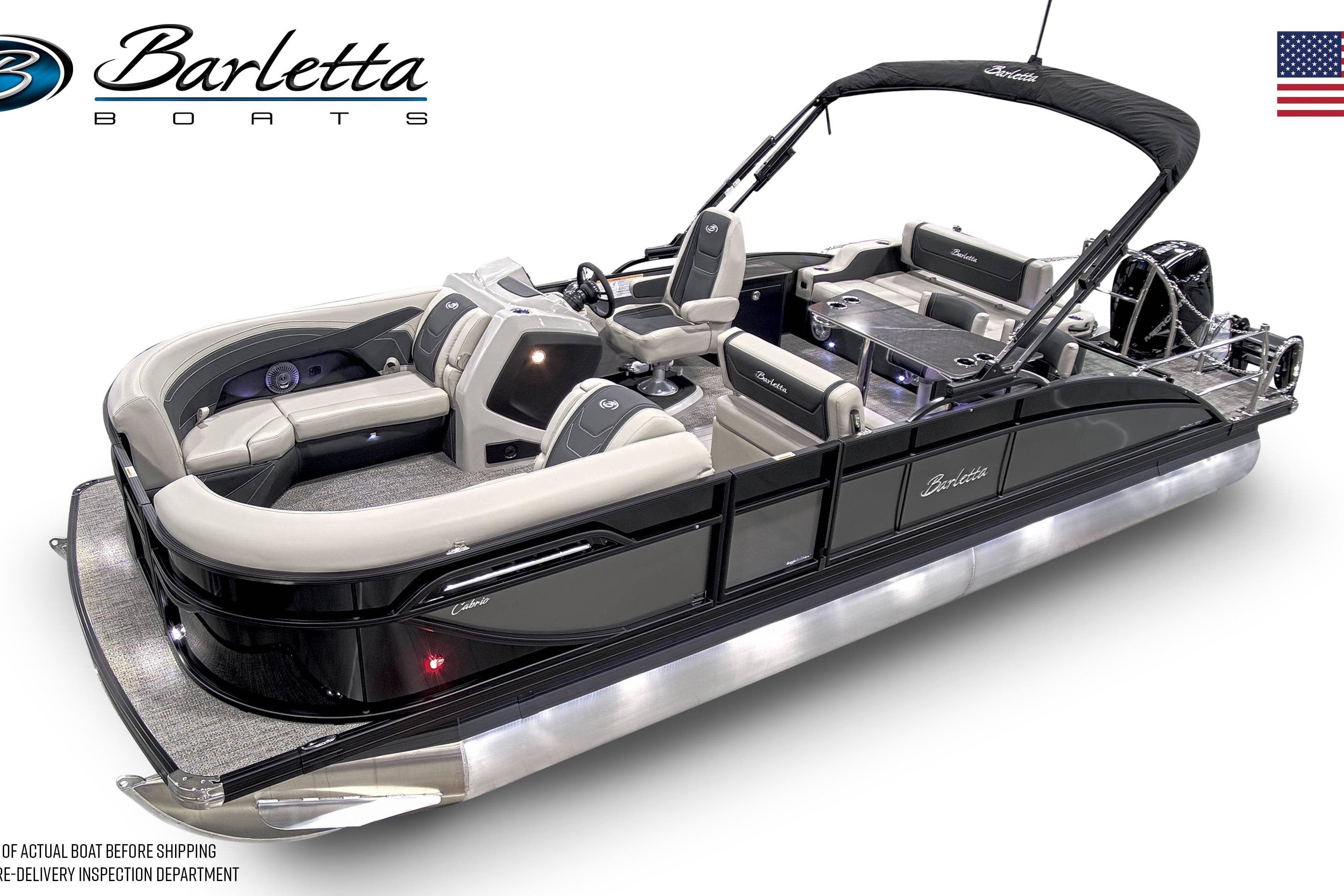 2026 Barletta Cabrio 24UE pontoon boat with sleek design and luxurious seating.