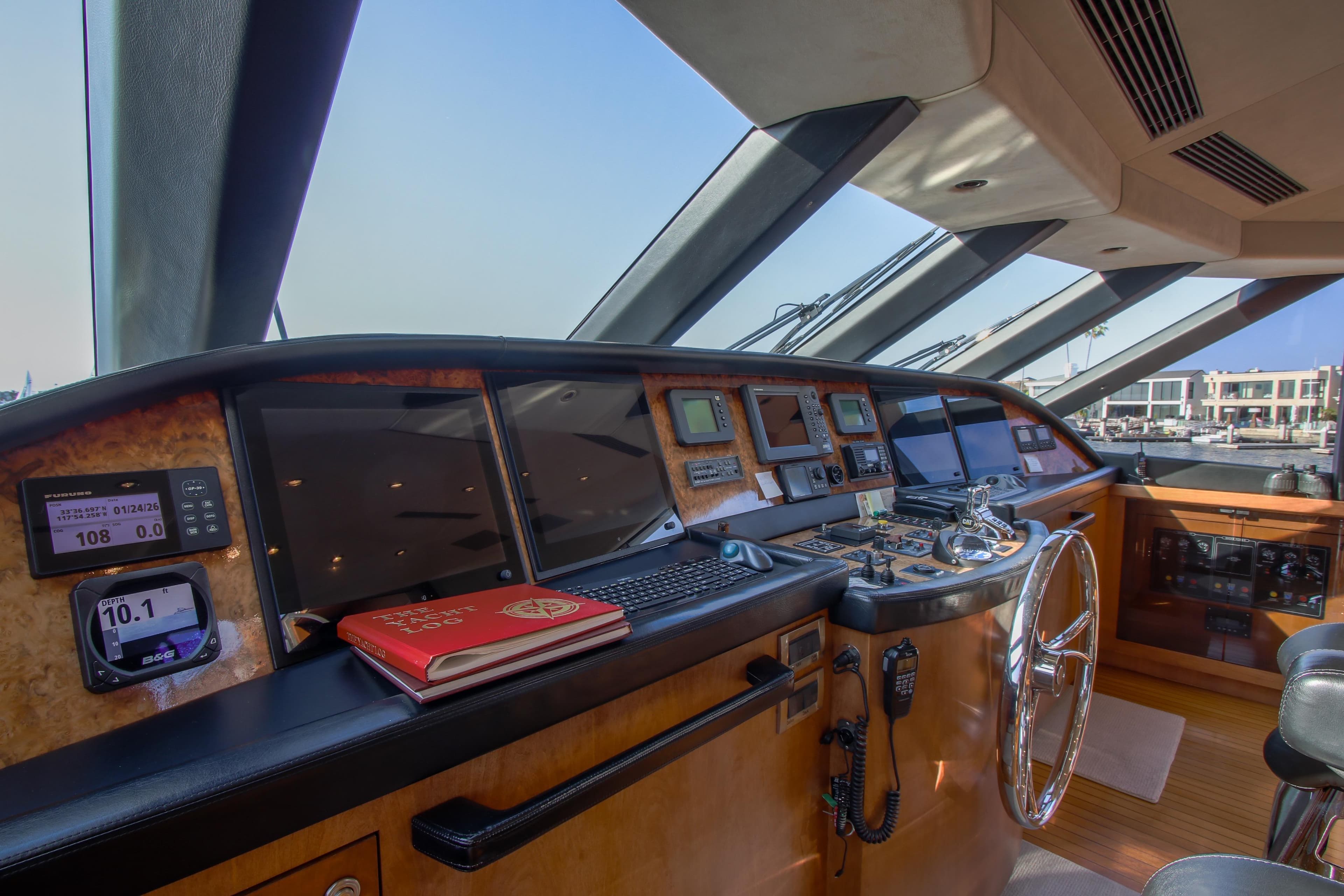 Luxurious 2006 Northcoast Yachts Yachtfisher helm with advanced navigation equipment and panoramic windows.