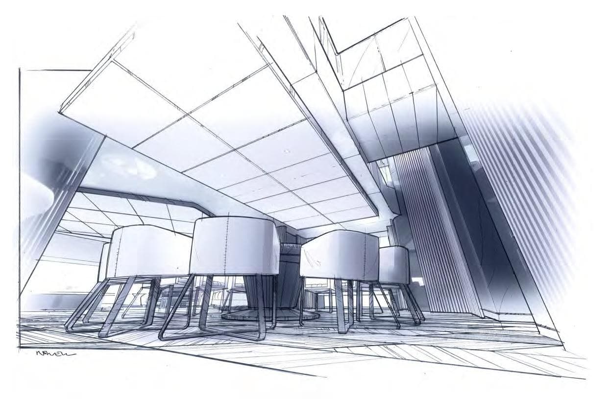 Futuristic architectural sketch of a modern interior with chairs and geometric ceiling, Turquoise 65M 2028.