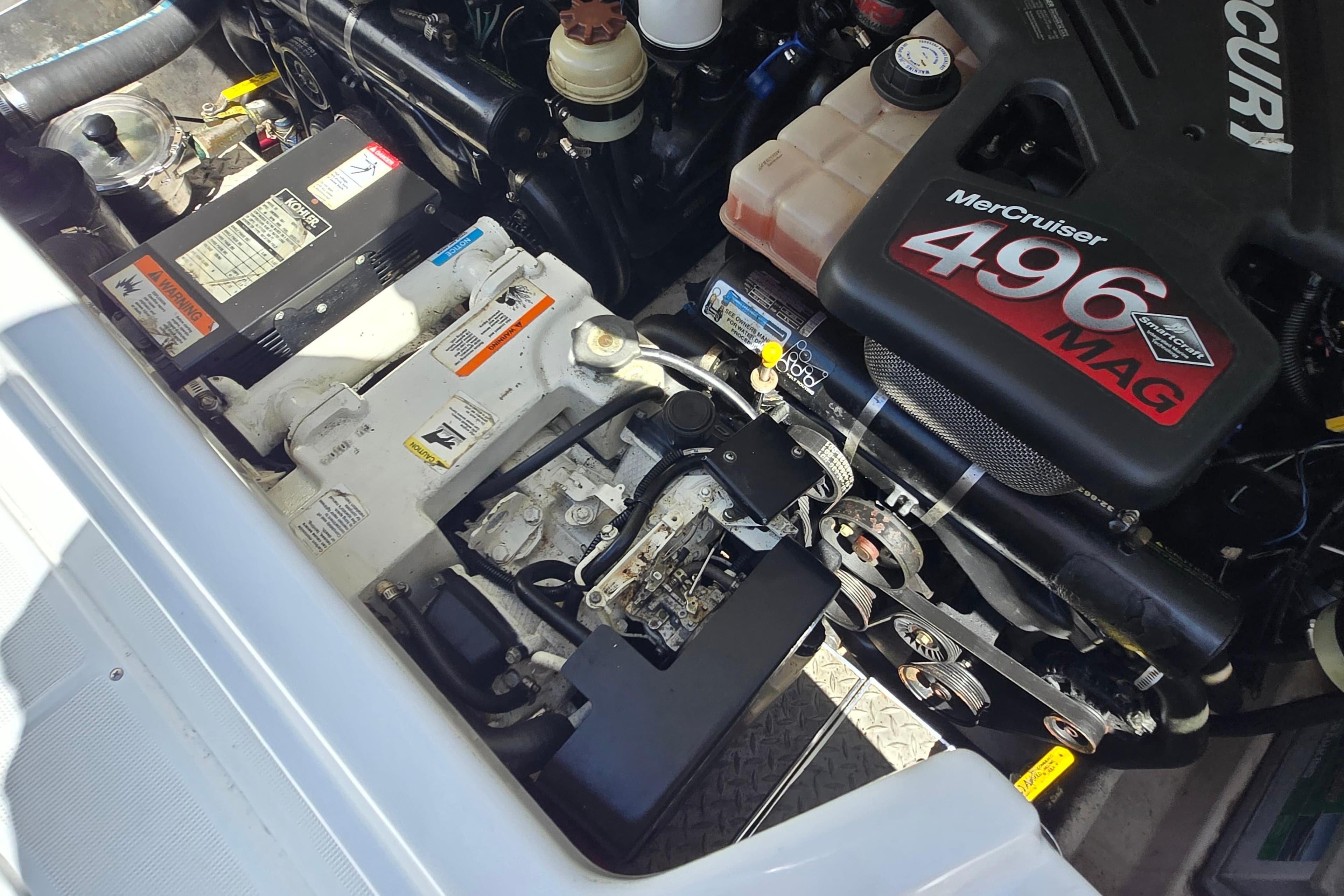 Engine compartment of a 2005 Formula 330 Sun Sport with MerCruiser 496 MAG engine.