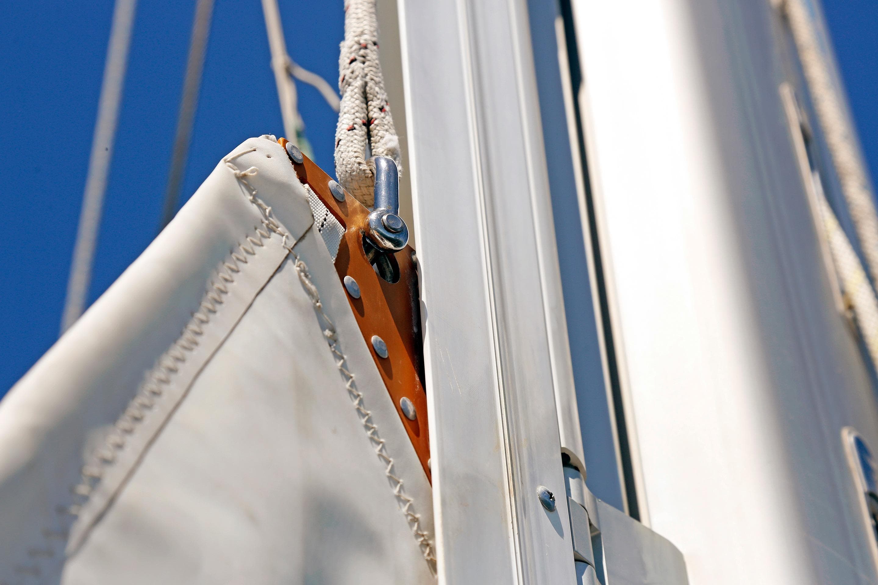 Close-up of a Hylas 49CC sailboat mast and sail detail, 2012 model.