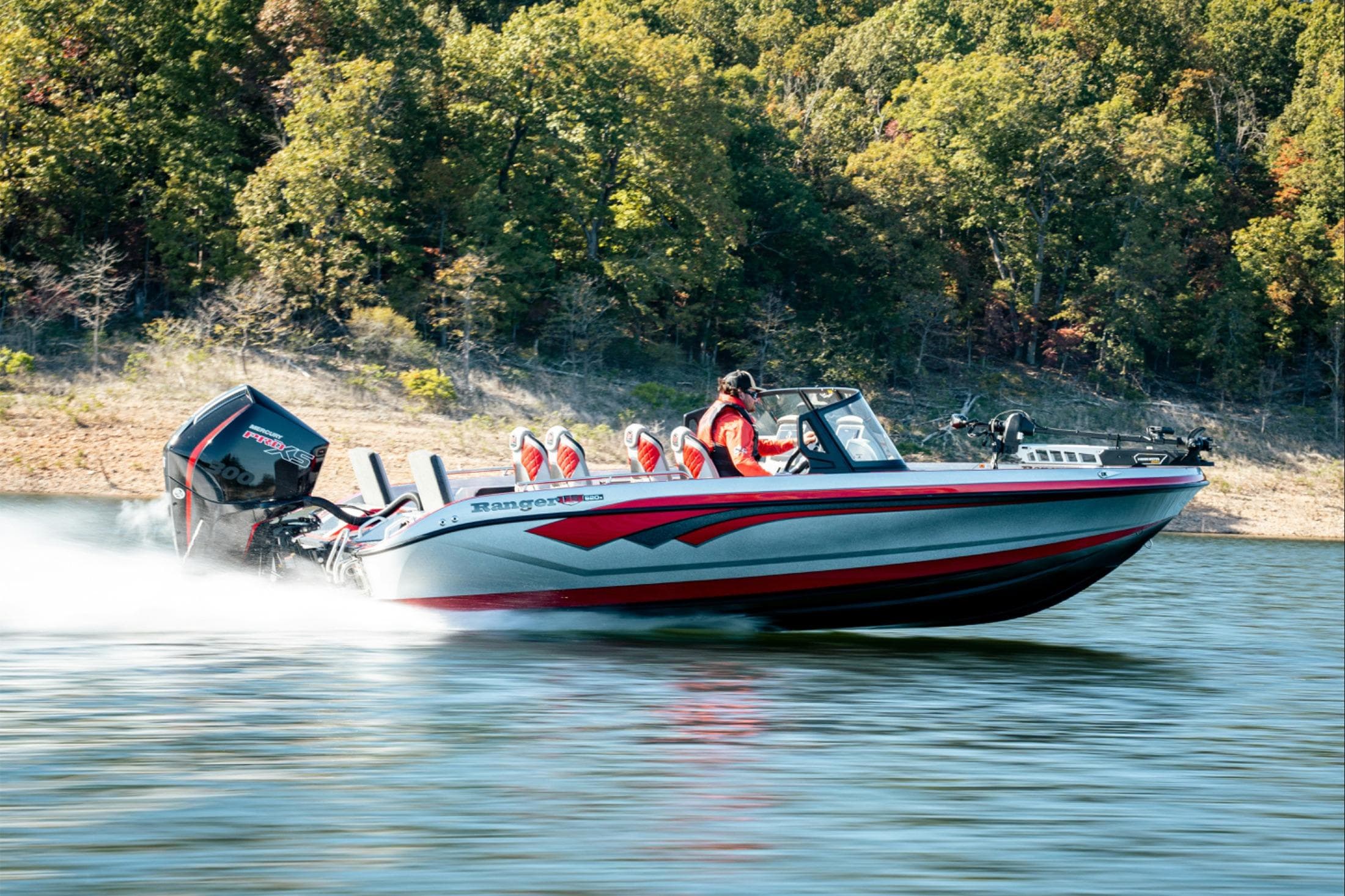 Manufacturer Provided Image: 2026 Ranger 620xFS Pro boat speeding on a lake with forested shoreline.